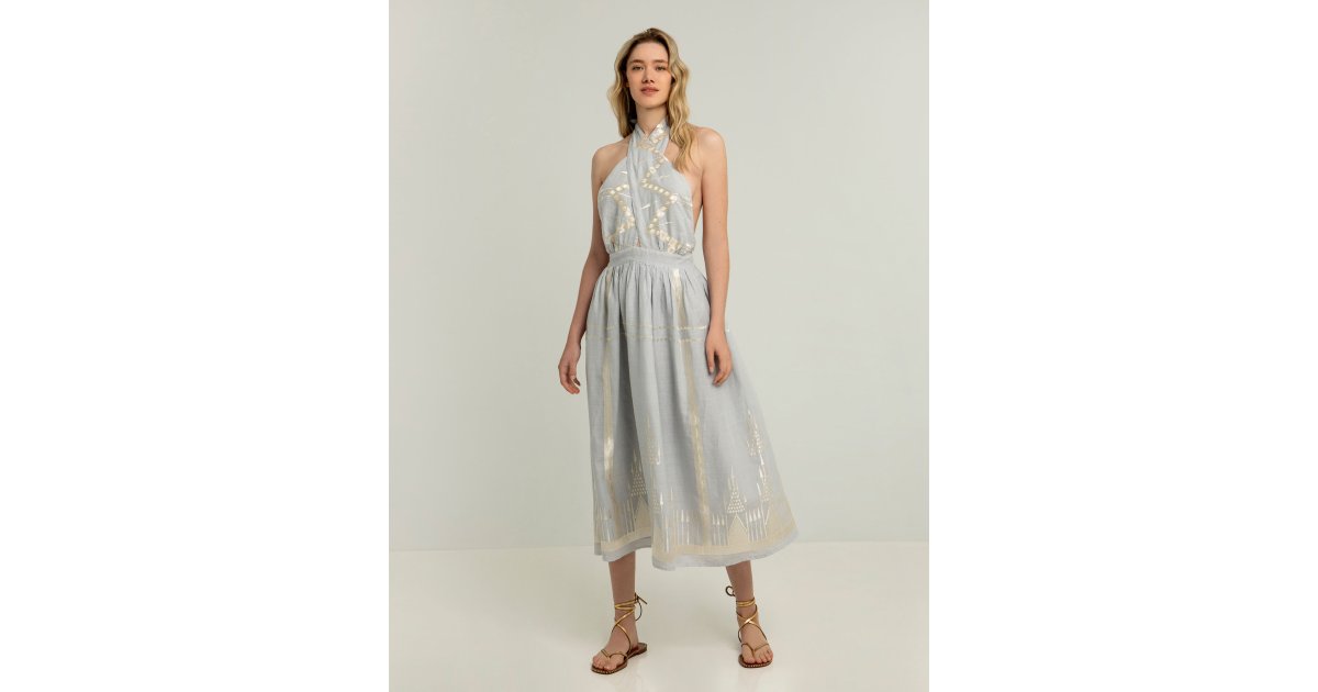 Greek Archaic Kori | Midi roots halterneck dress light grey/ champagne |  Greek Fashion Room