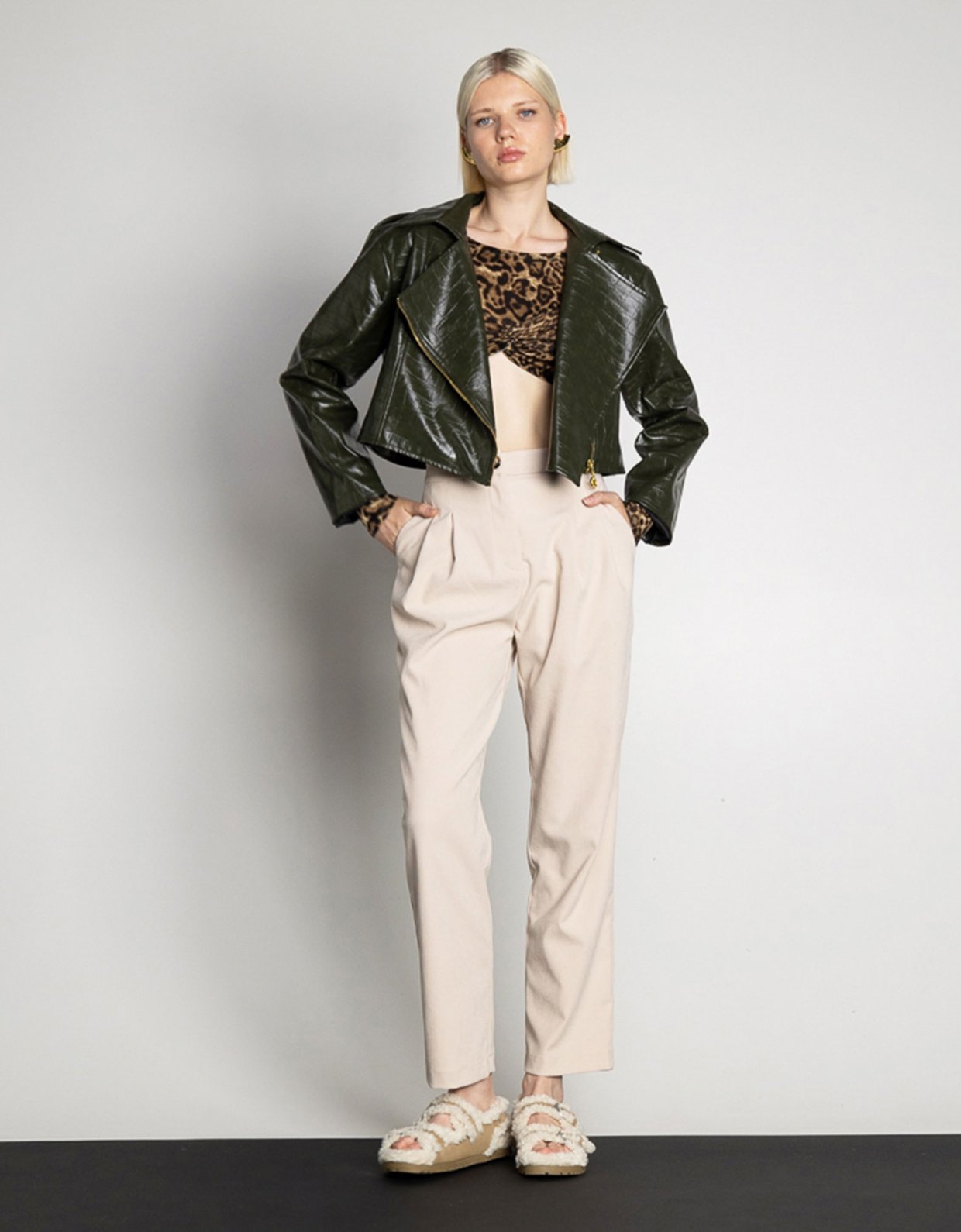 Mallory the label Lush crop leather jacket olive