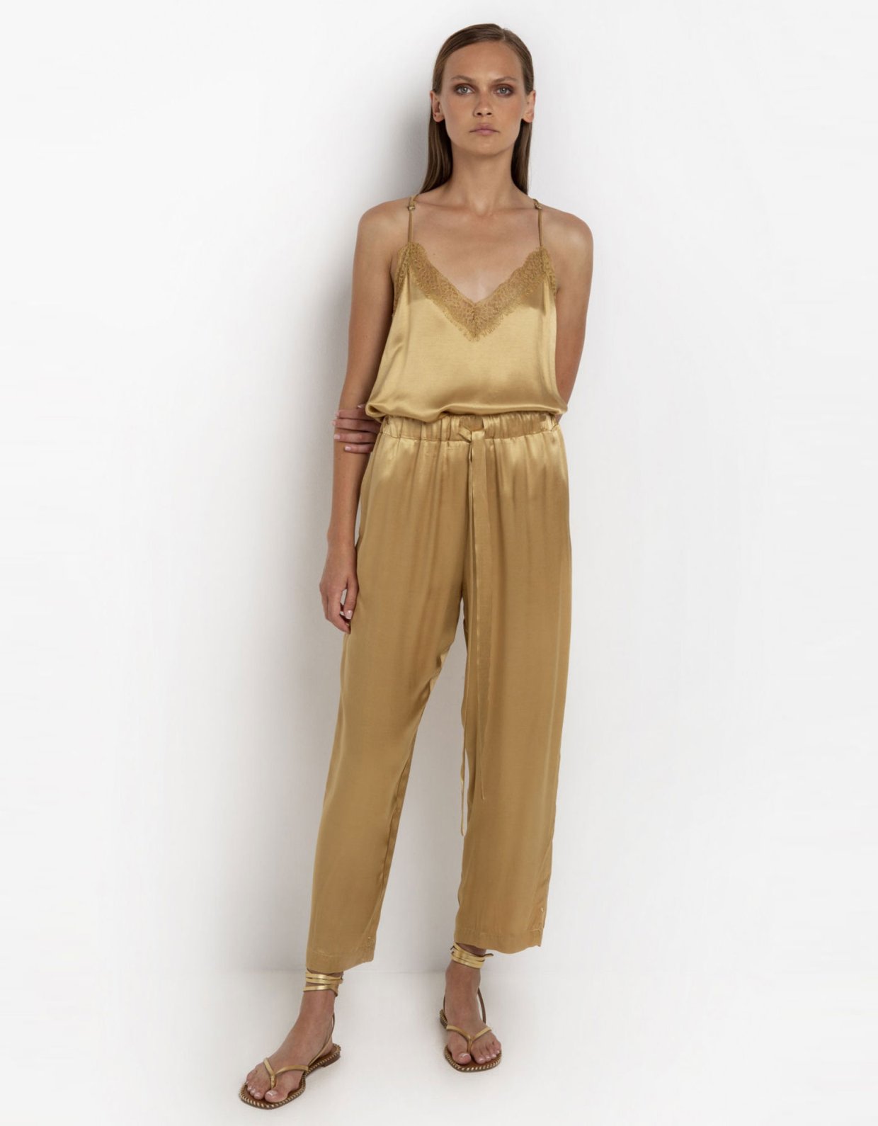 Greek Archaic Kori Crop satin pants gold
