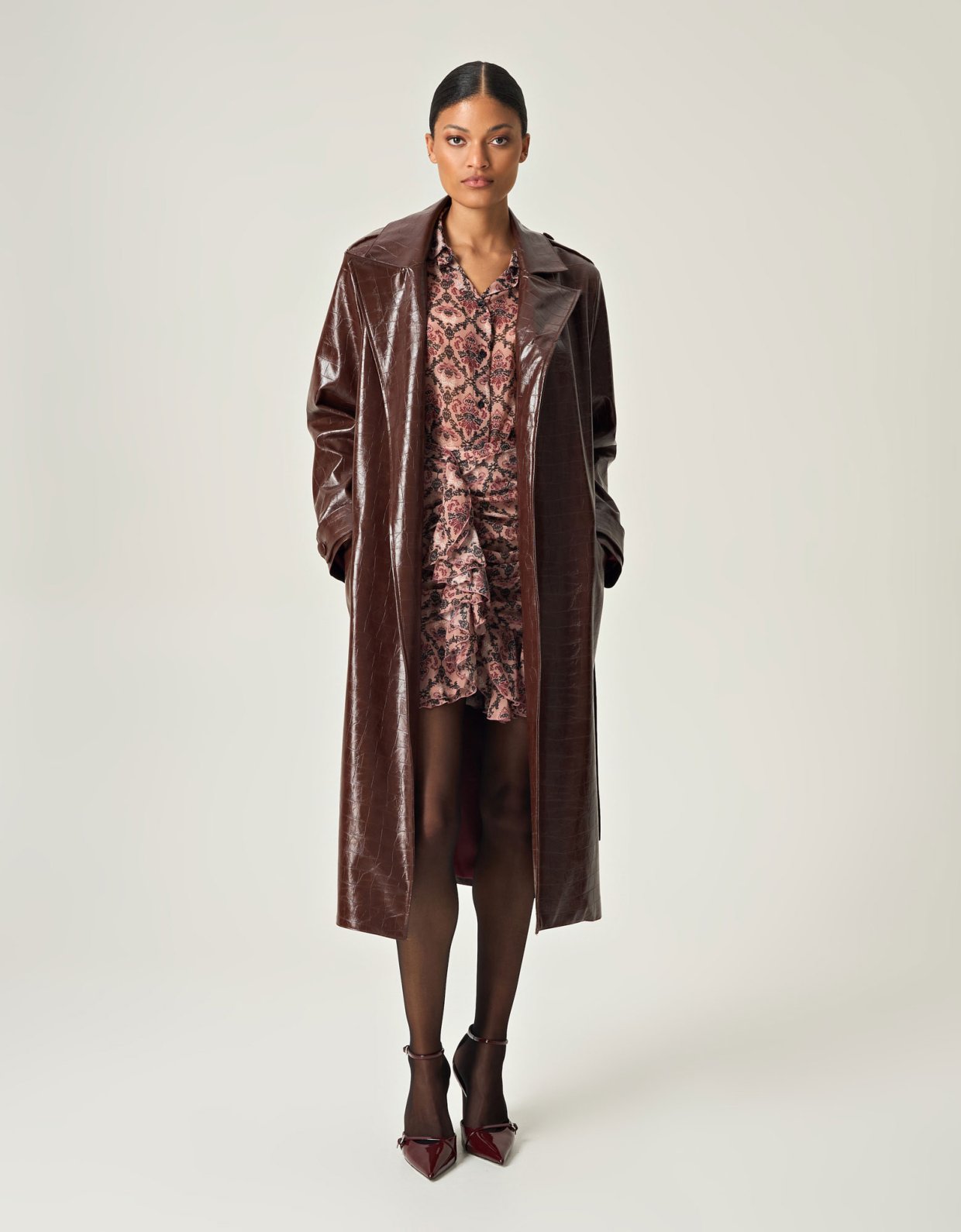 Eveleya Cocoa croco leather trench coat