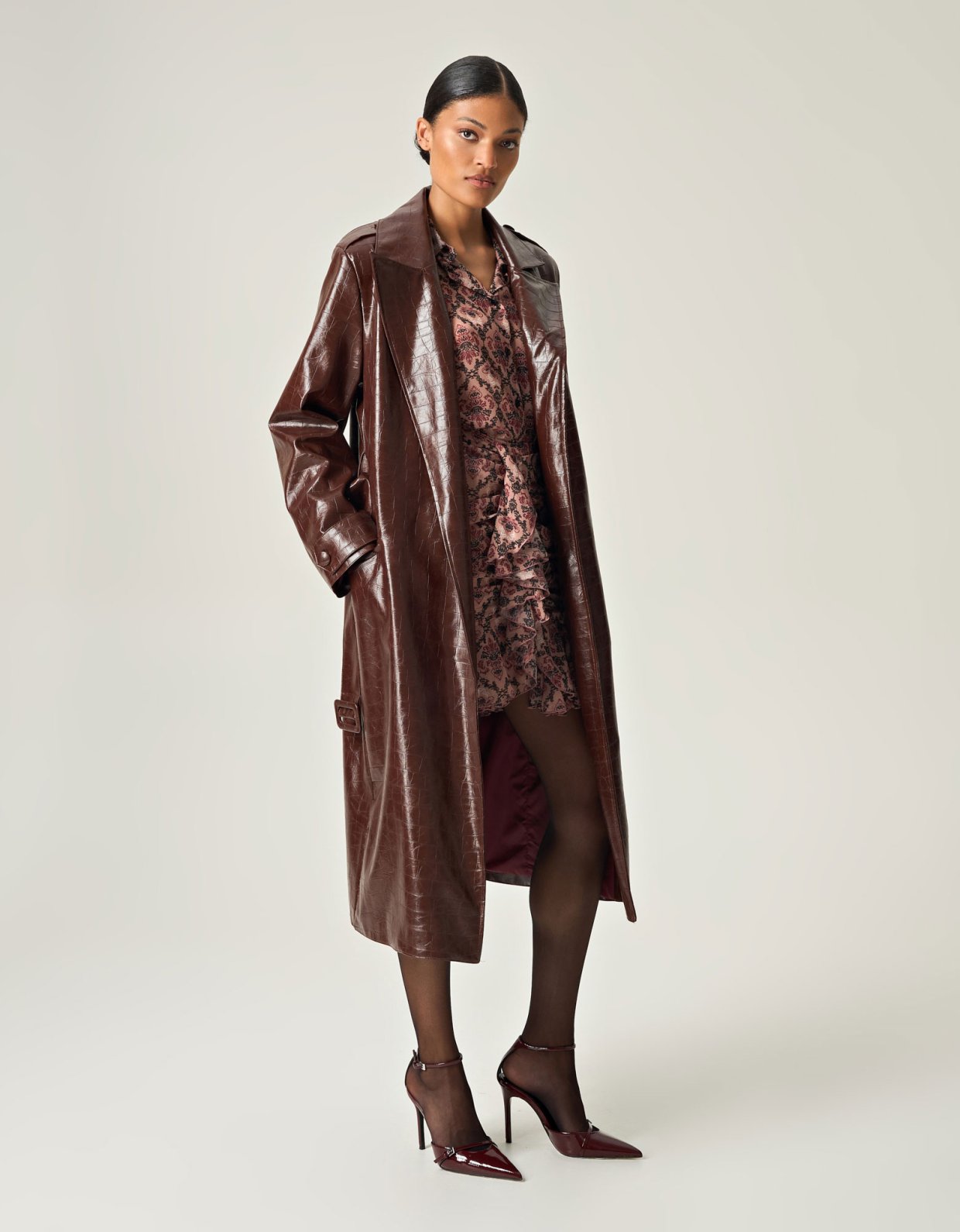 Eveleya Cocoa croco leather trench coat