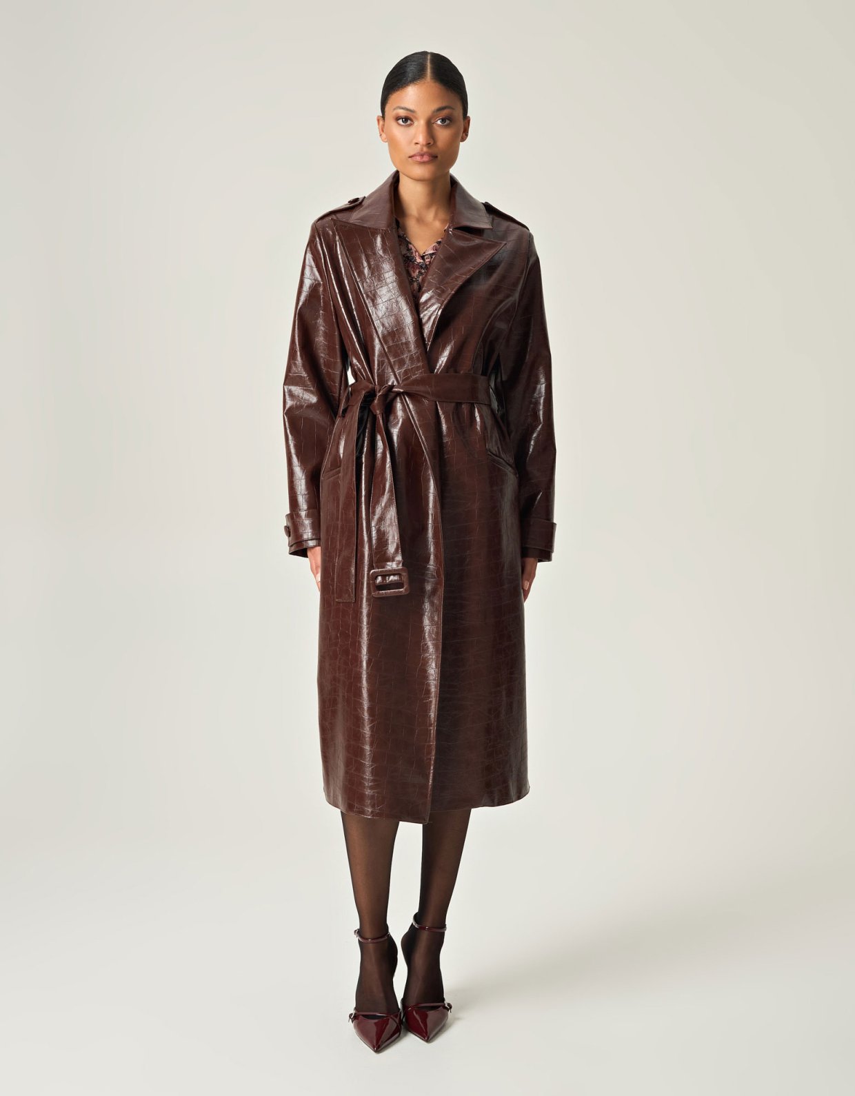 Eveleya Cocoa croco leather trench coat