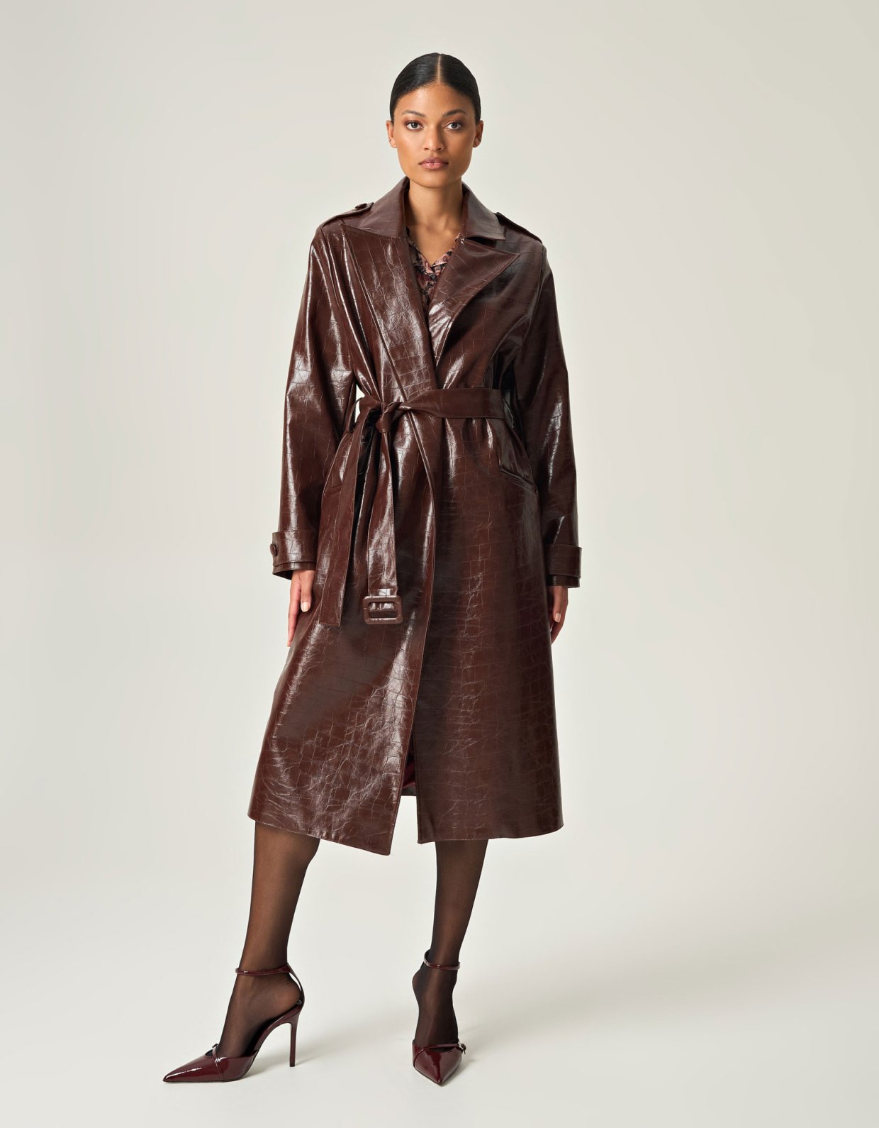 Eveleya Cocoa croco leather trench coat