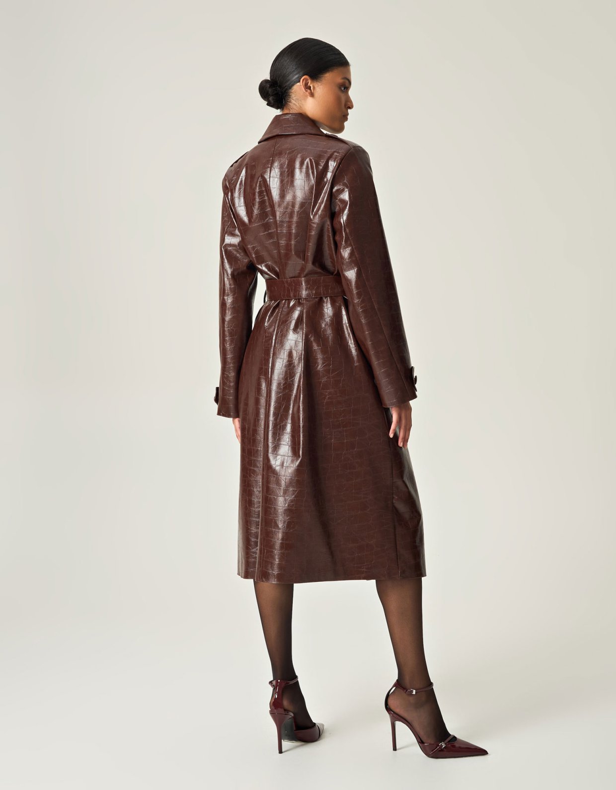 Eveleya Cocoa croco leather trench coat