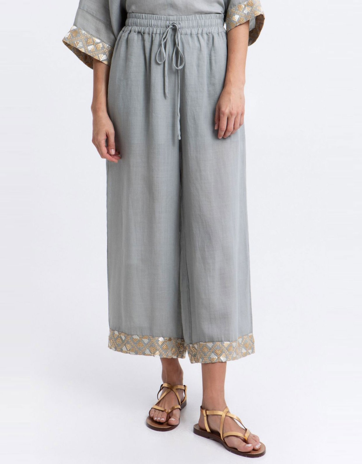 Greek Archaic Kori Embroidered flakes pants sage-gold champagne