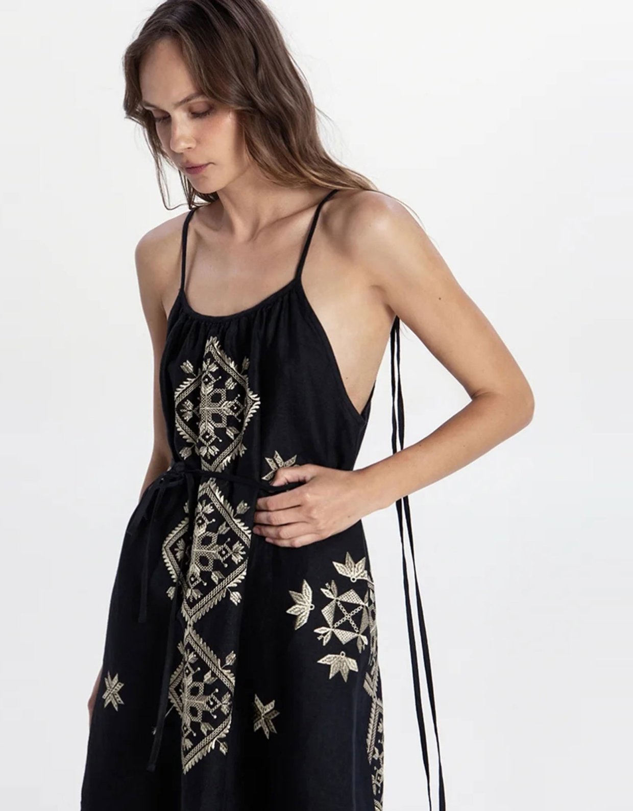 Greek Archaic Kori Lefkada embroidered midi dress black-gold