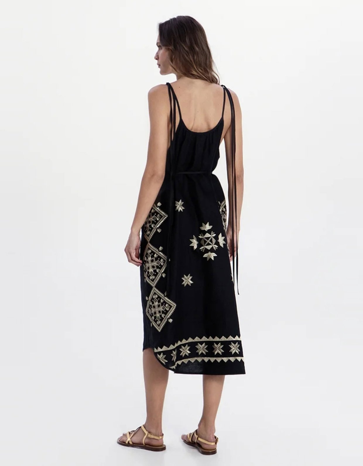 Greek Archaic Kori Lefkada embroidered midi dress black-gold