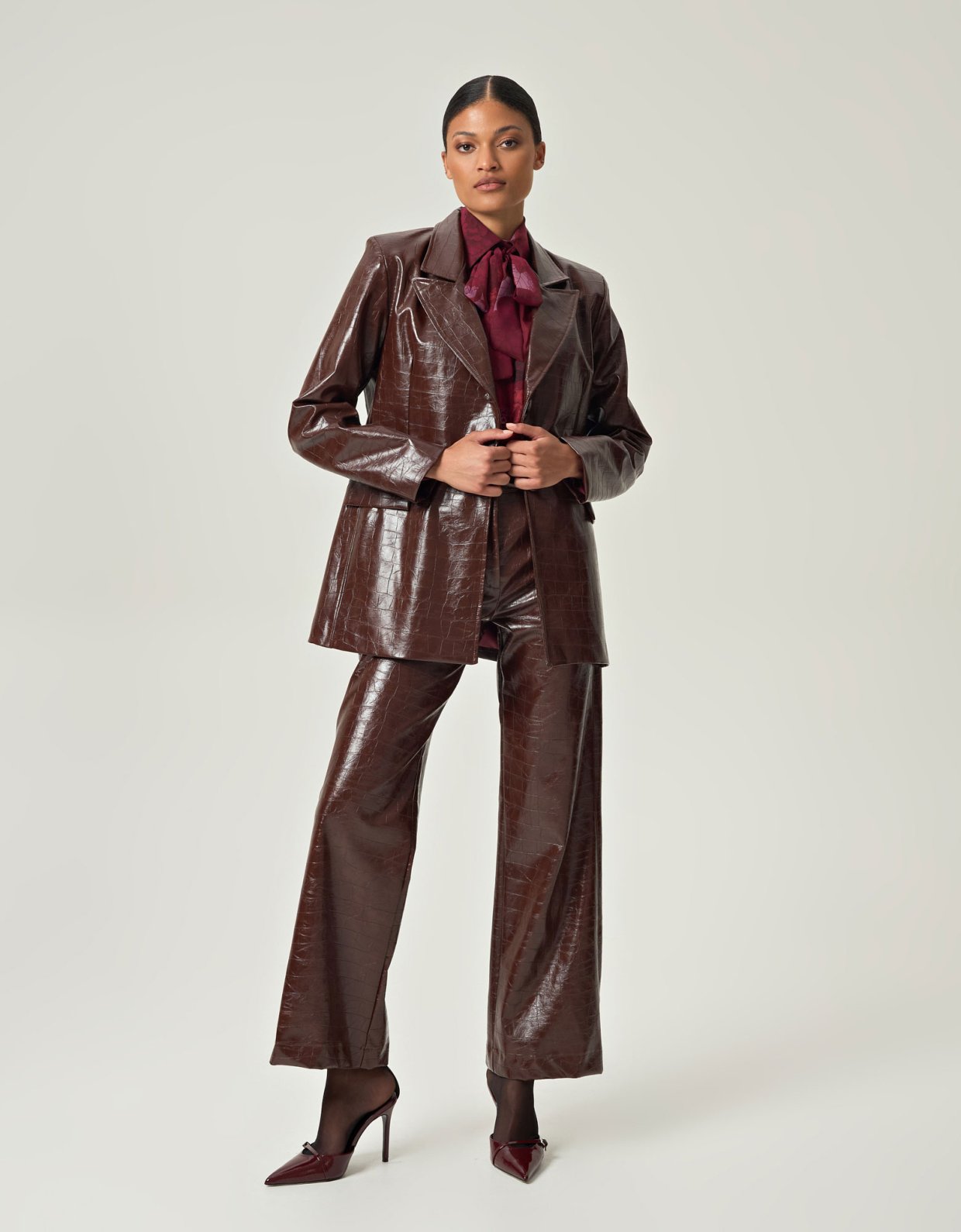 Eveleya Cocoa croco leather blazer