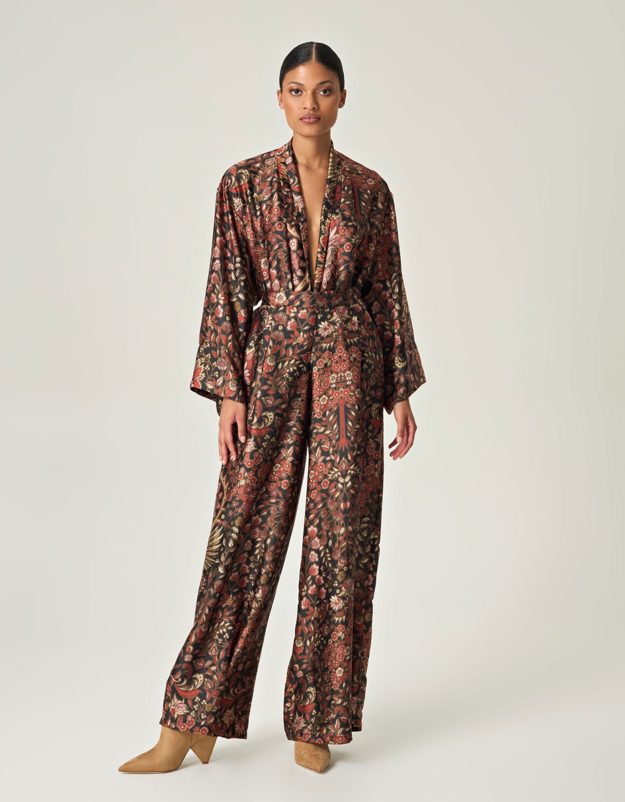 Eveleya Autumn tapestry highwaisted satin pants