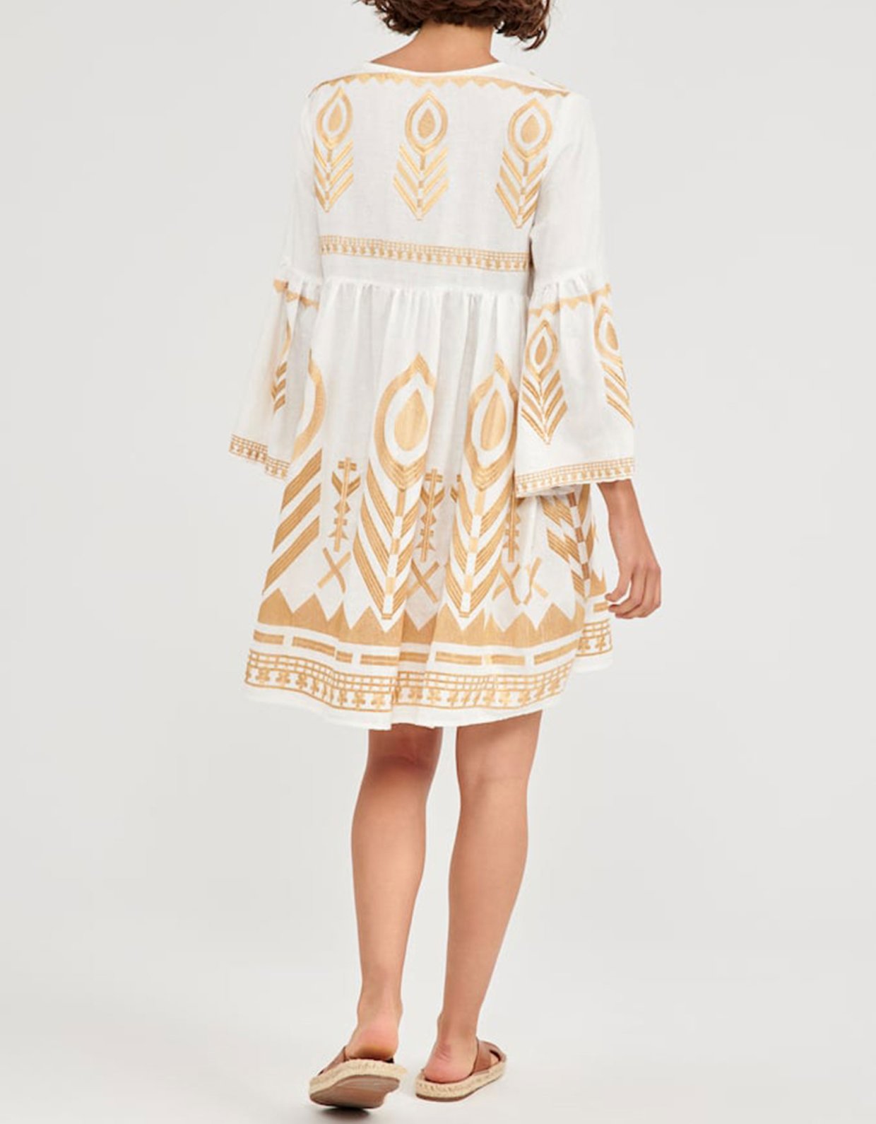 Greek Archaic Kori Mini bell sleeves feather dress white-gold