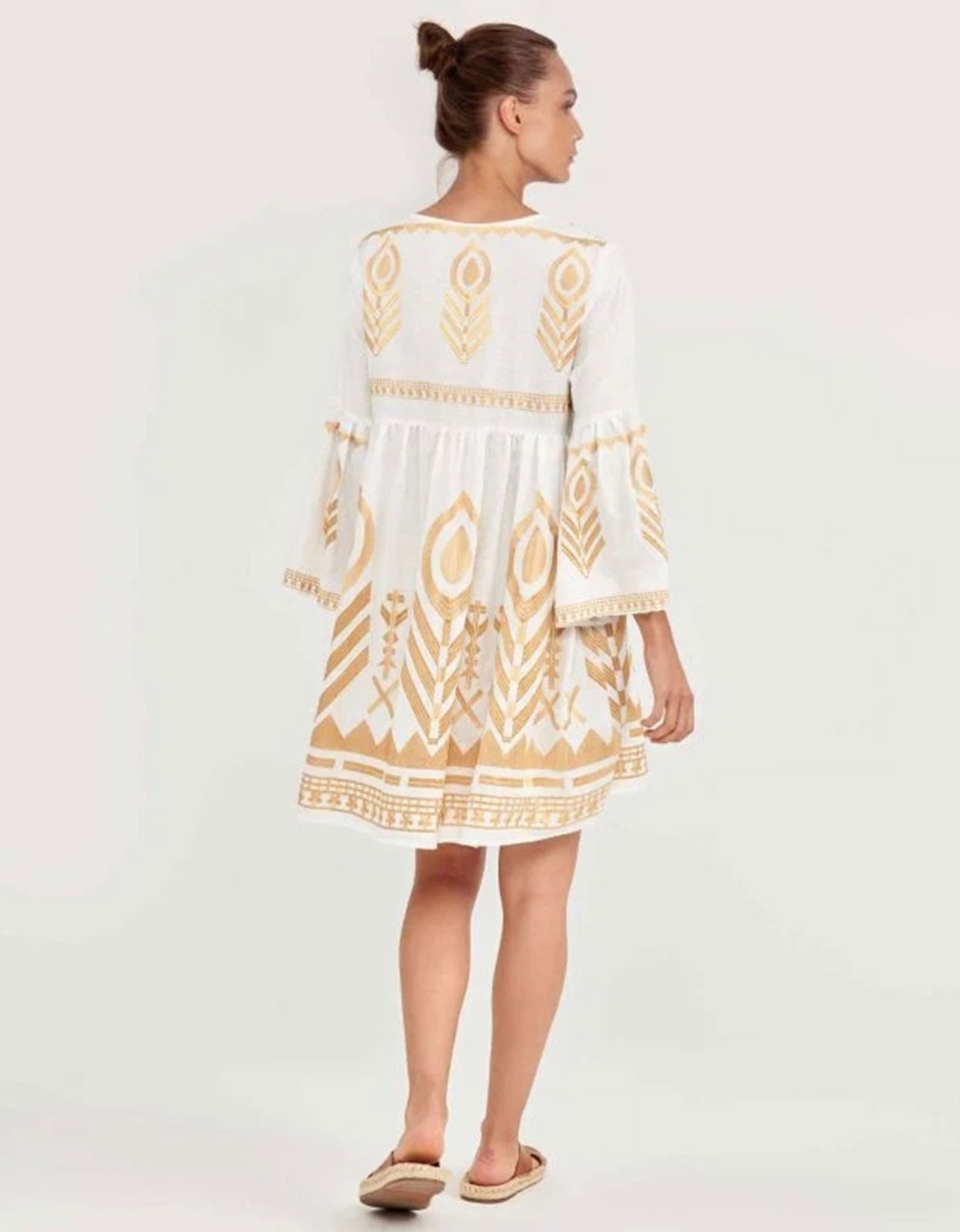 Greek Archaic Kori Mini bell sleeves feather dress white-gold