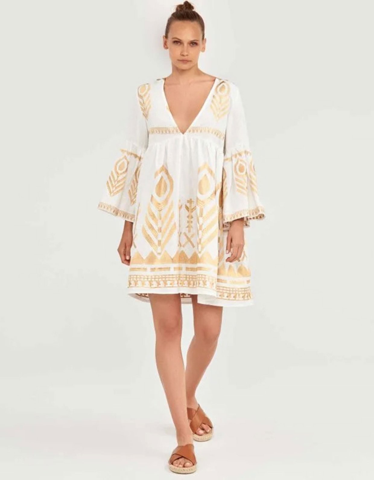 Greek Archaic Kori Mini bell sleeves feather dress white-gold