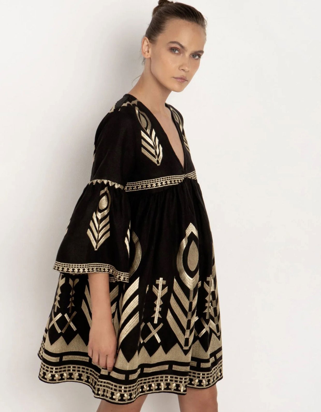 Greek Archaic Kori Mini bell sleeves feather dress black-gold