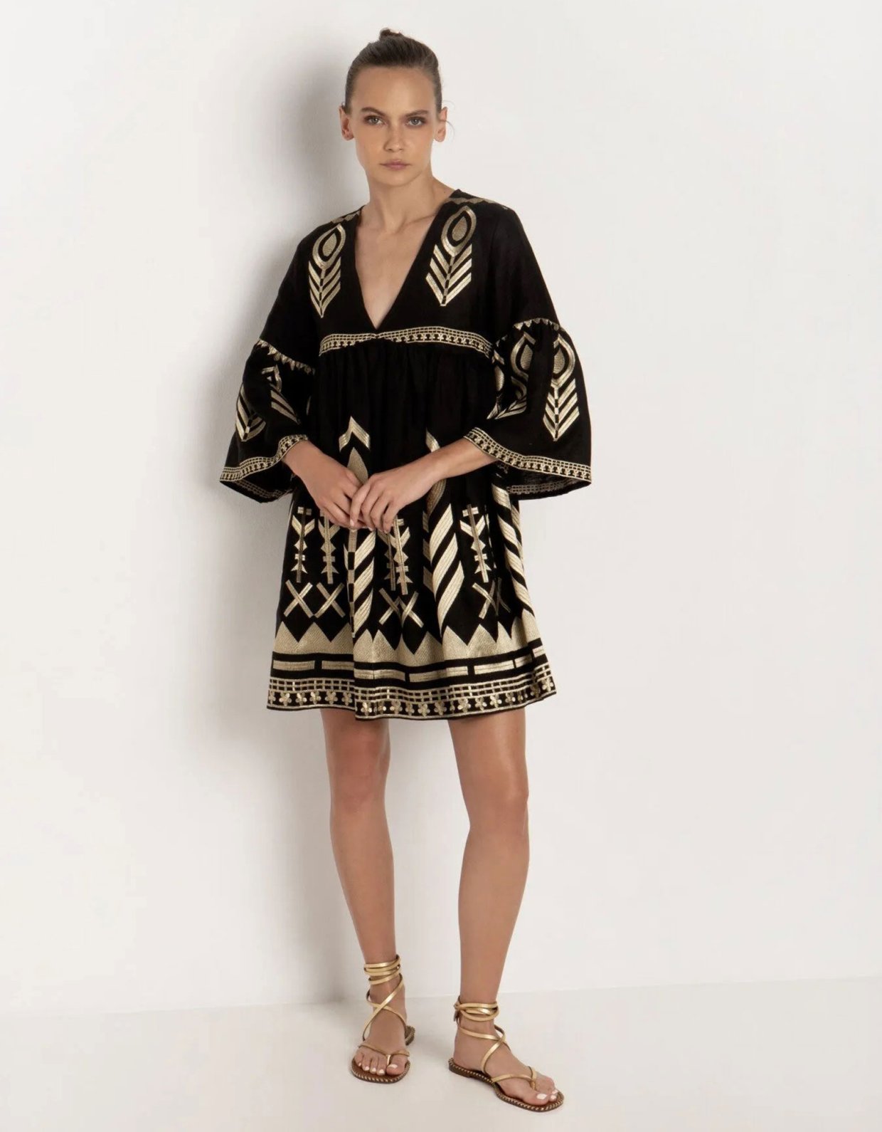 Greek Archaic Kori Mini bell sleeves feather dress black-gold