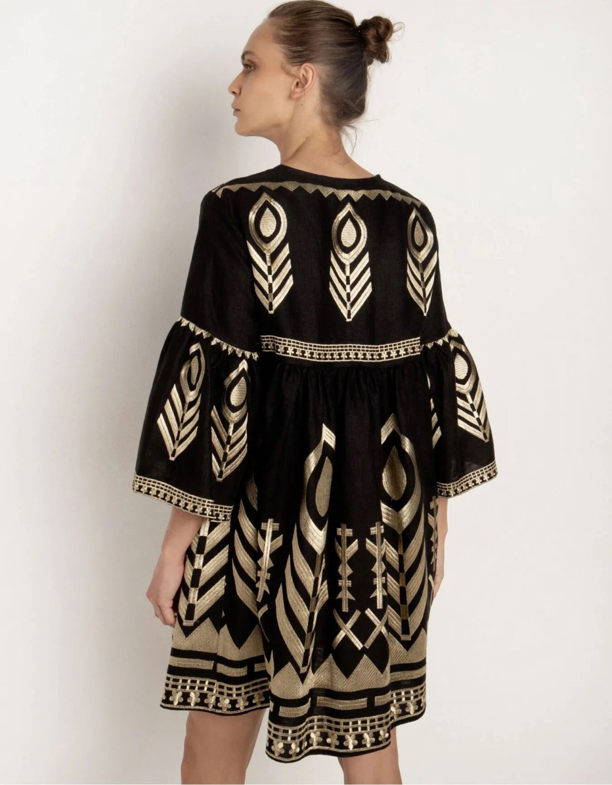 Greek Archaic Kori Mini bell sleeves feather dress black-gold