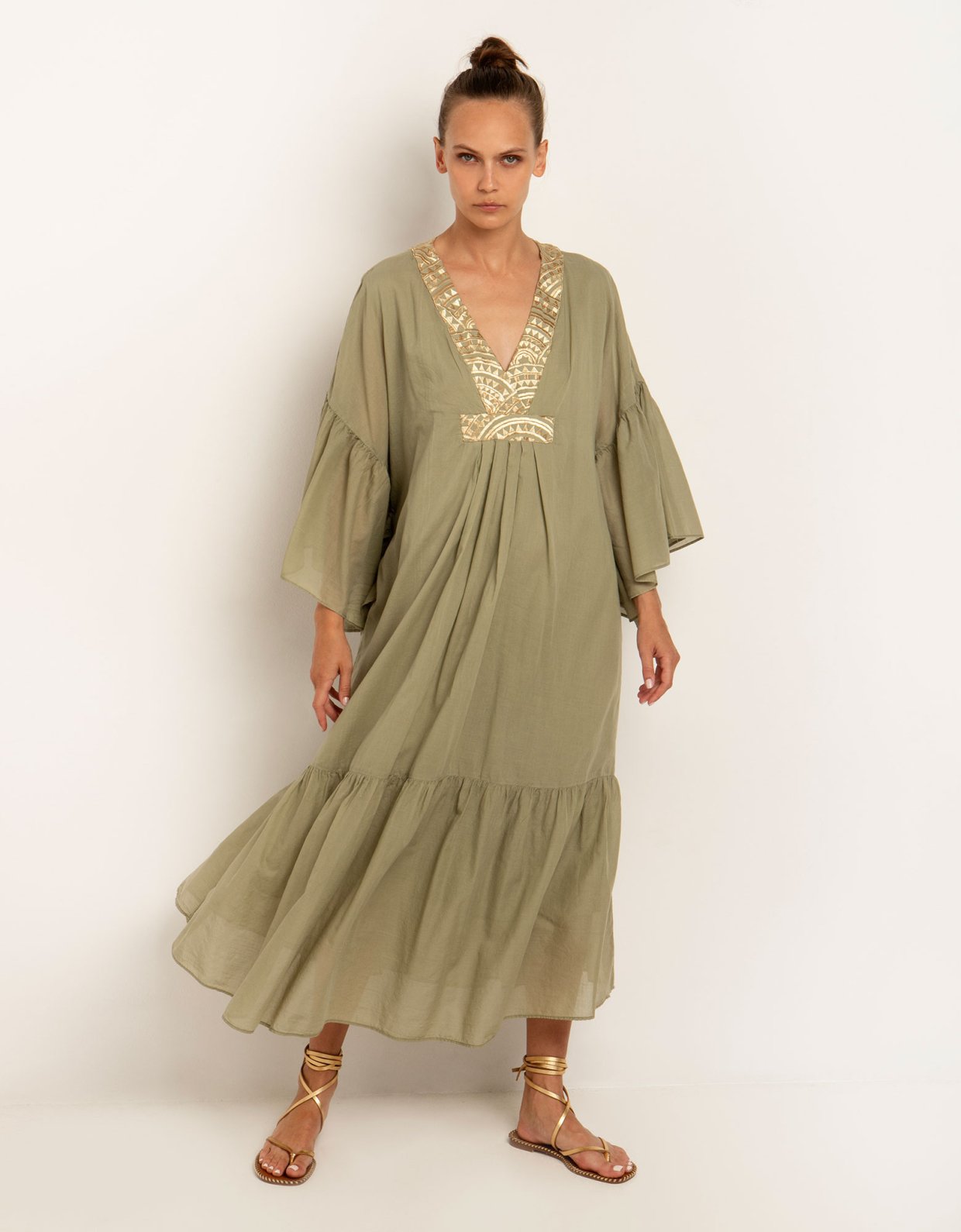 Greek Archaic Kori Long sleeves embroidered midi dress tea-gold