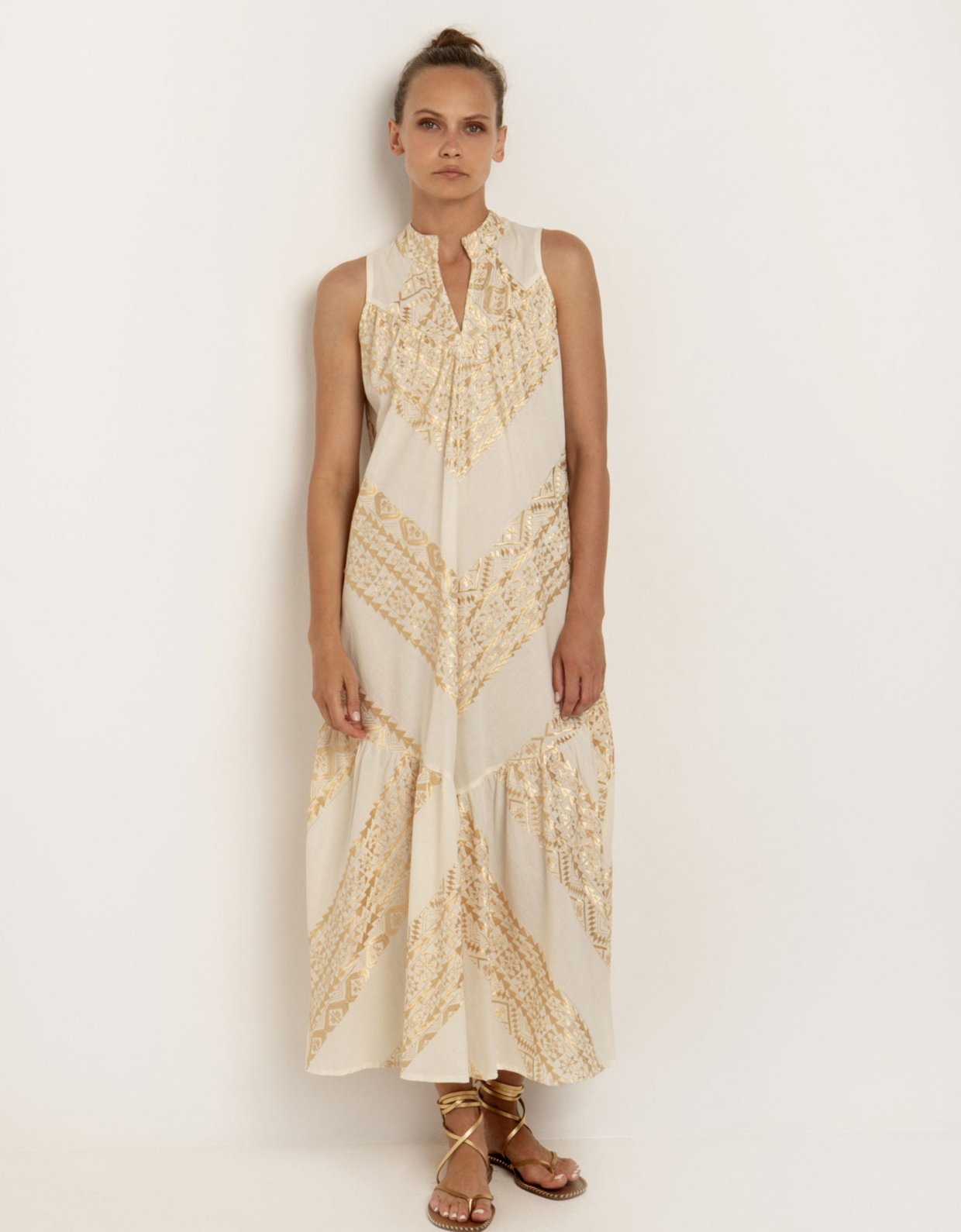 Greek Archaic Kori Maxi allover embroidered sleeveless dress natural-gold