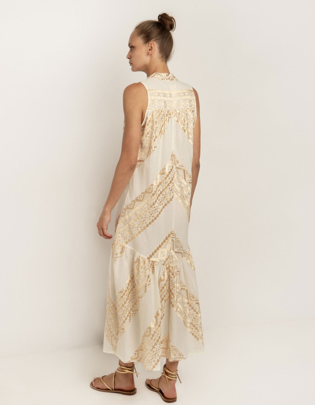 Greek Archaic Kori Maxi allover embroidered sleeveless dress natural-gold