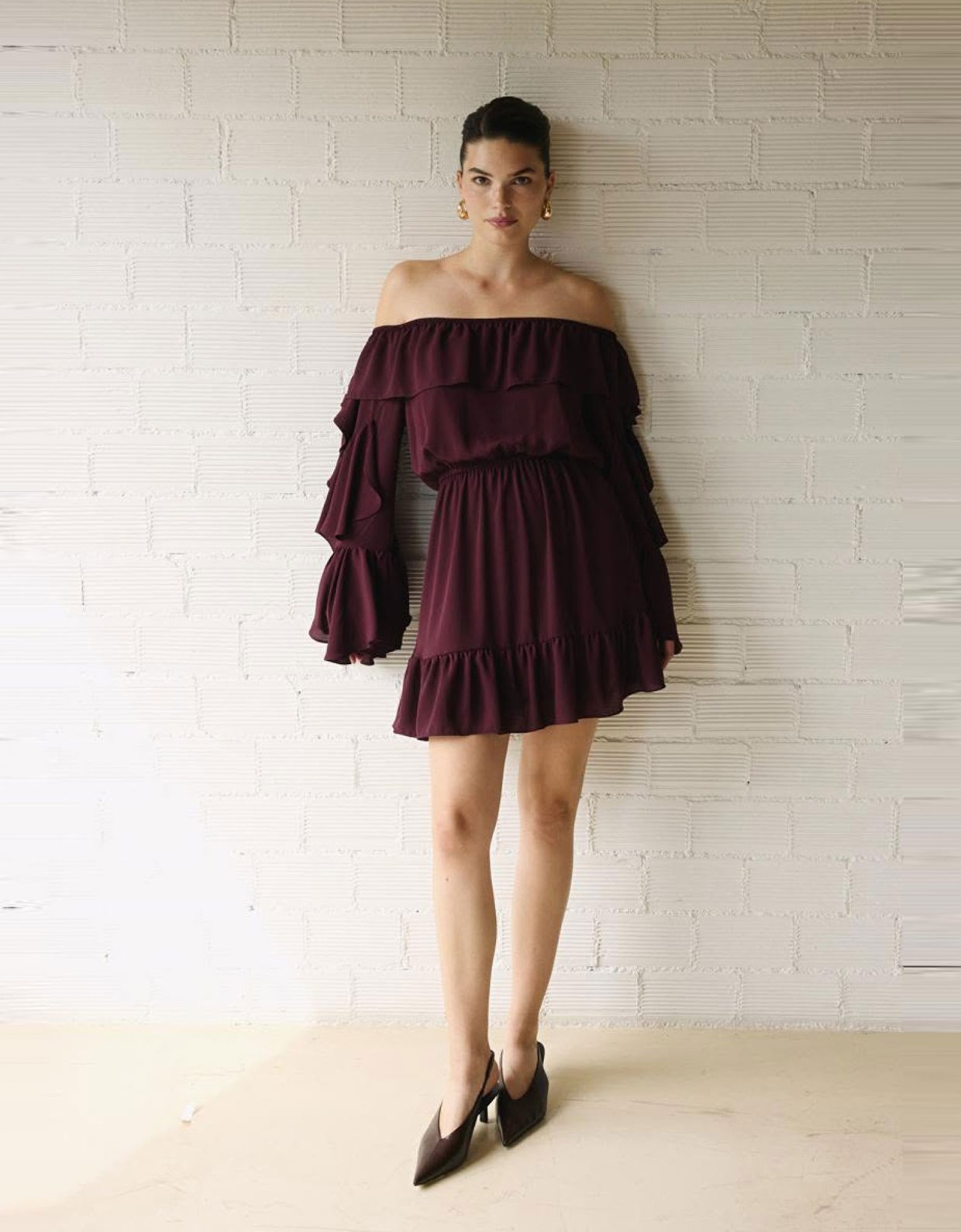 Ciel Concept Burgundy off shoulder mini ruffle dress