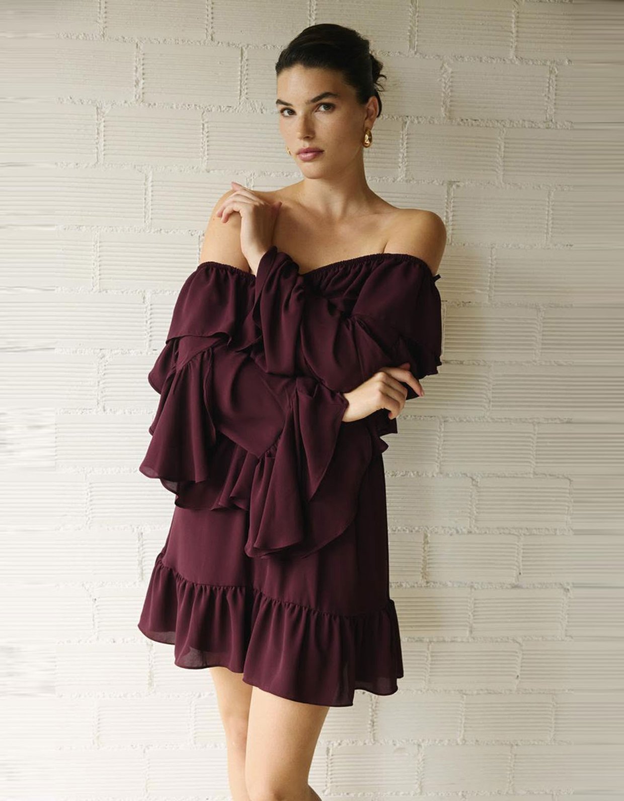 Ciel Concept Burgundy off shoulder mini ruffle dress