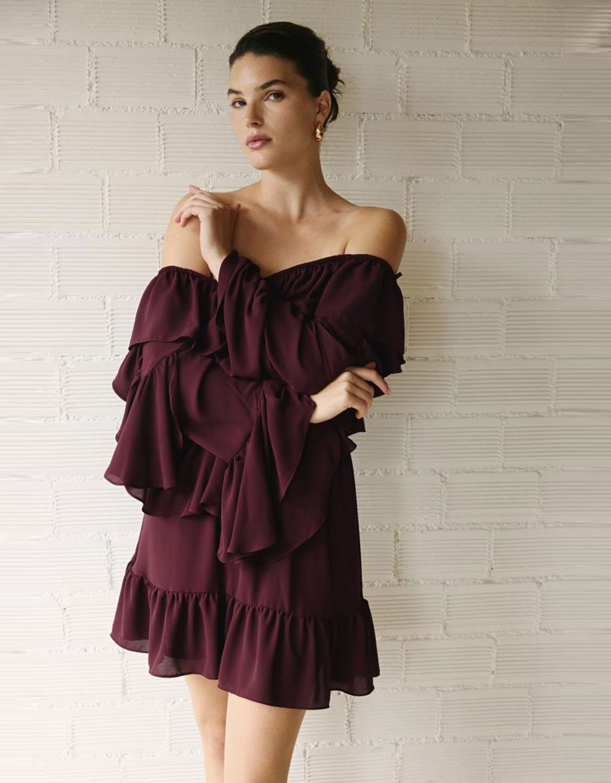 Ciel Concept Burgundy off shoulder mini ruffle dress