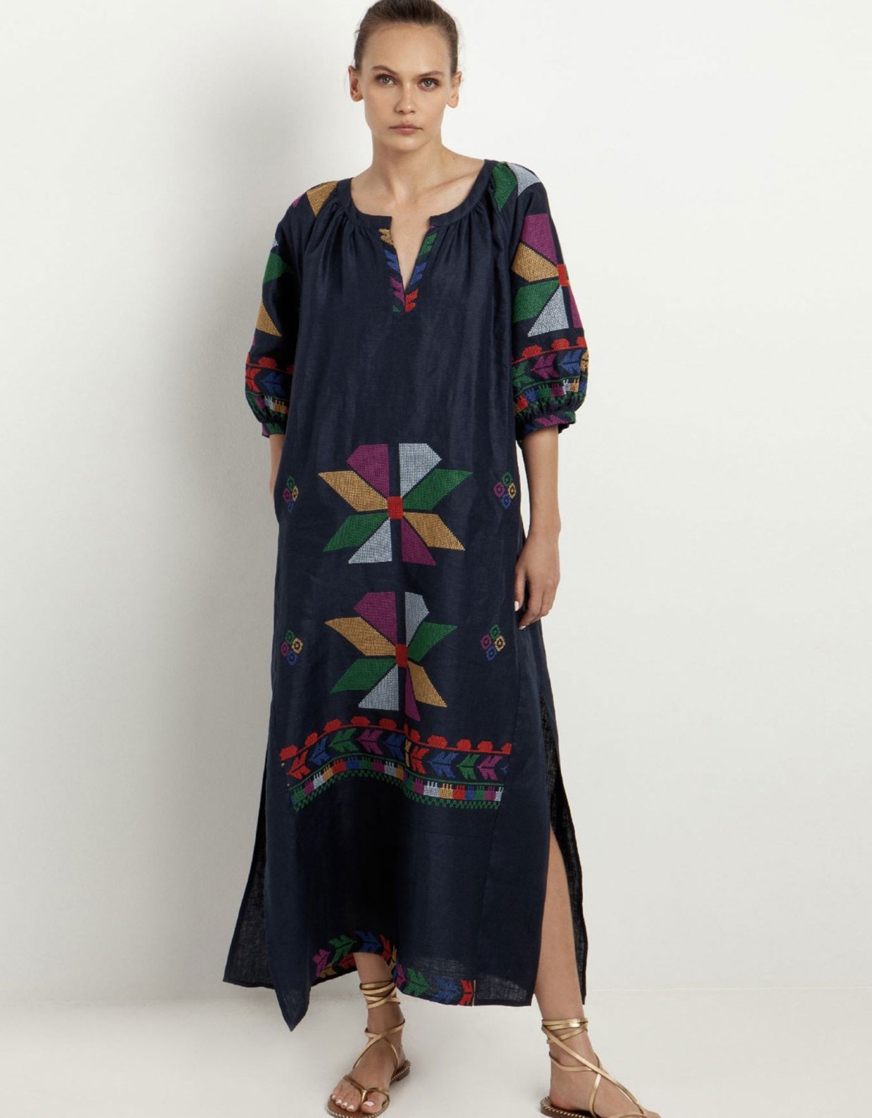 Greek Archaic Kori Aeolis long belt dress navy blue - multi