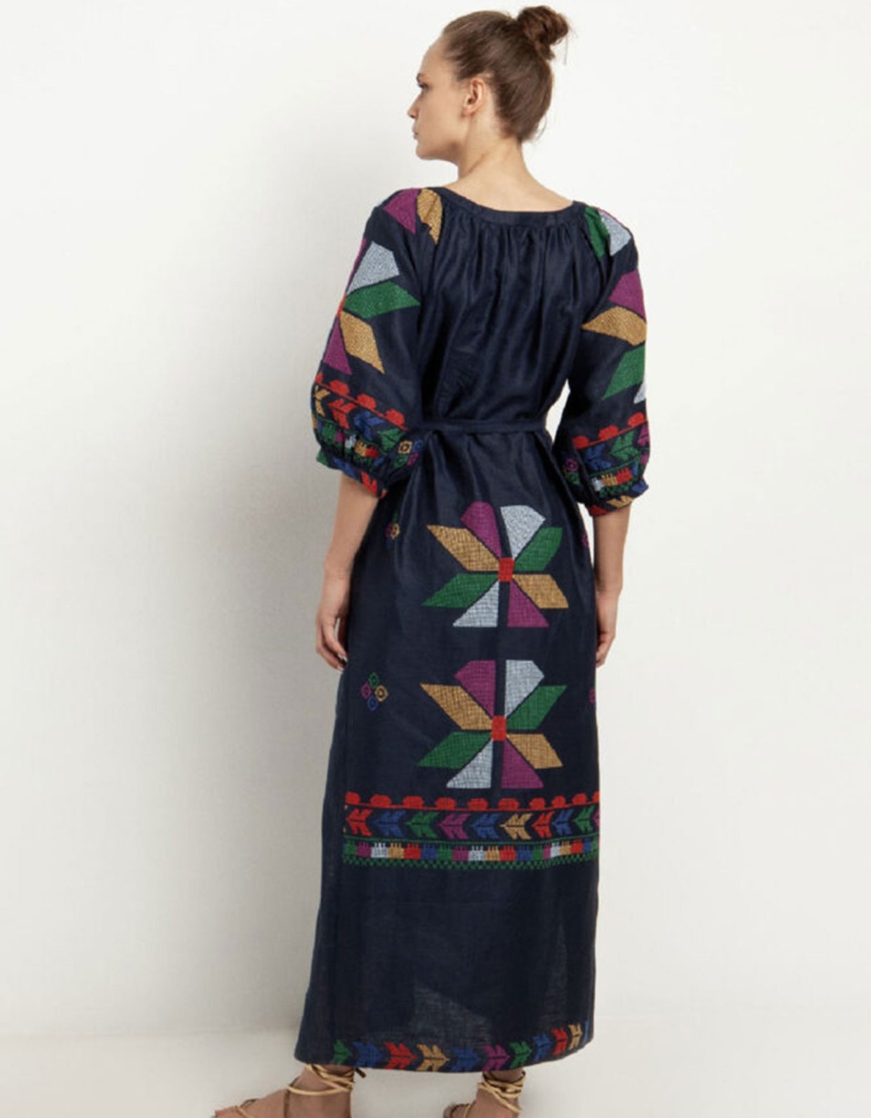 Greek Archaic Kori Aeolis long belt dress navy blue - multi