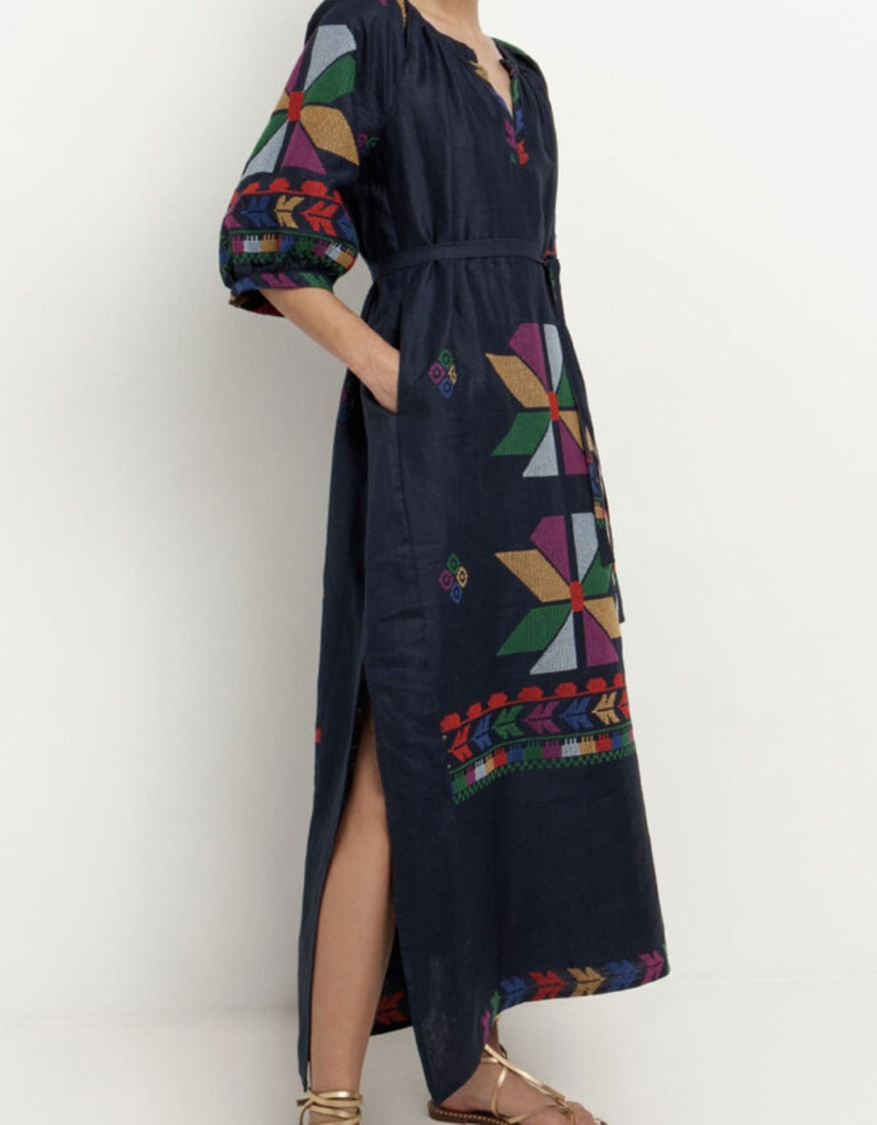 Greek Archaic Kori Aeolis long belt dress navy blue - multi