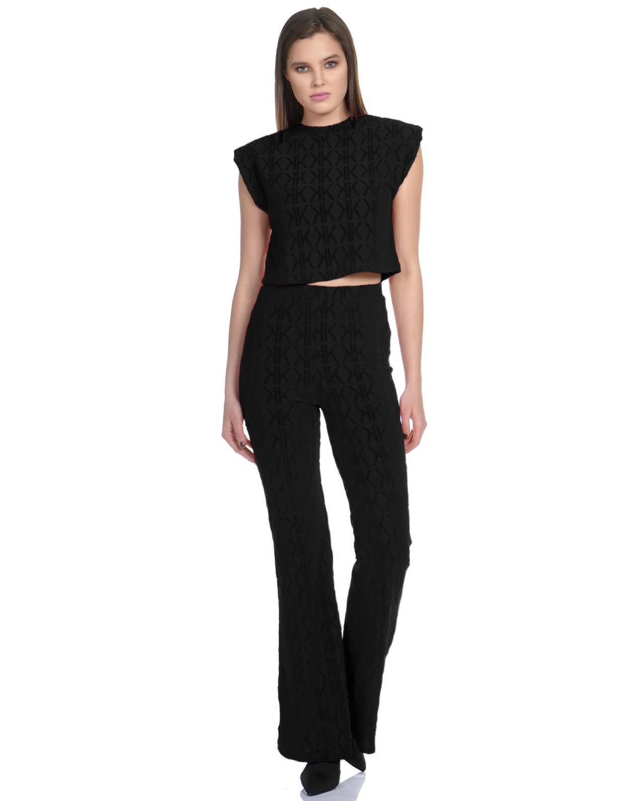 Kendall + Kylie Velour combo high rise flare pants black