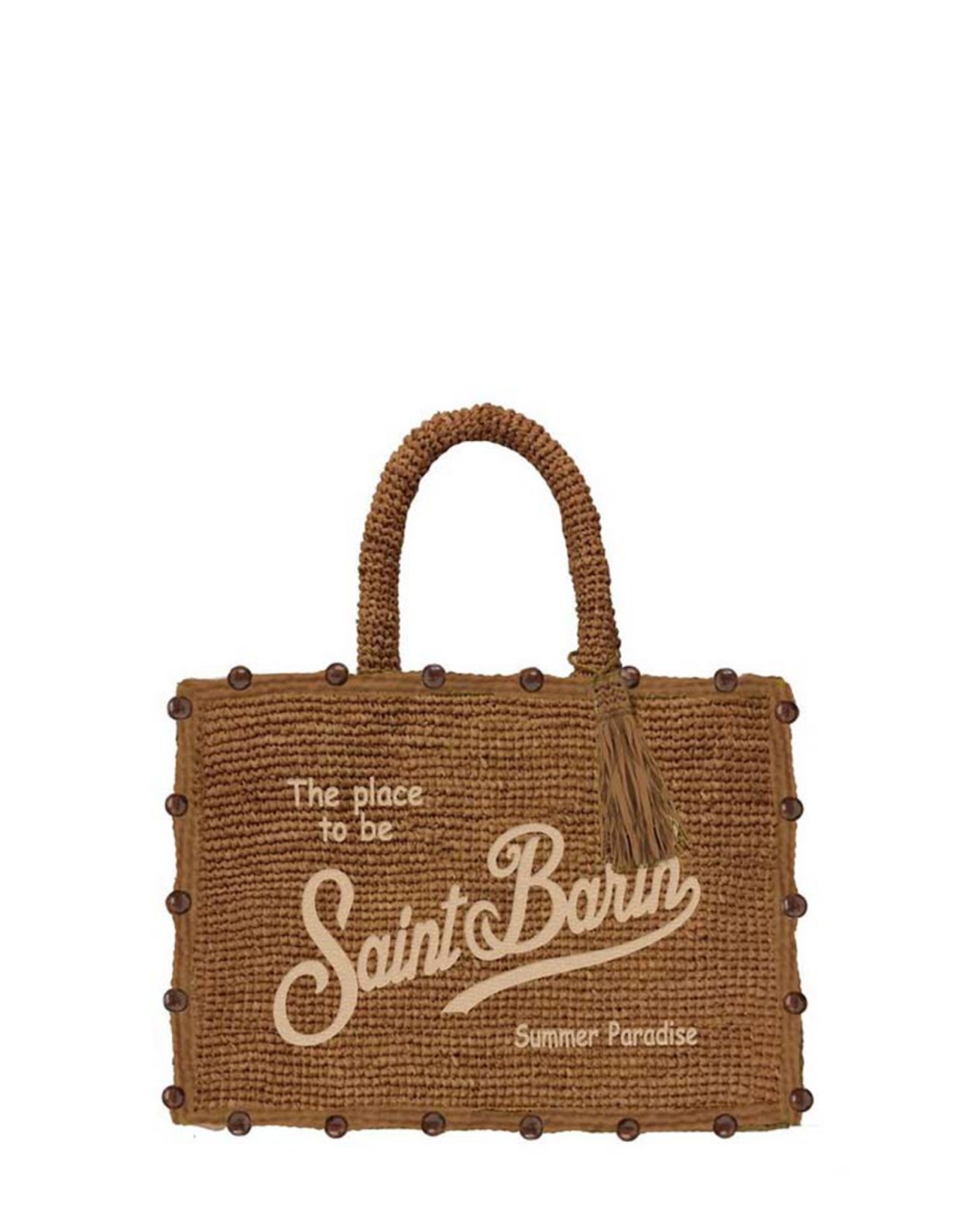 MC2 Saint Barth Colette raffia brown handbag with beads and logo embroidery
