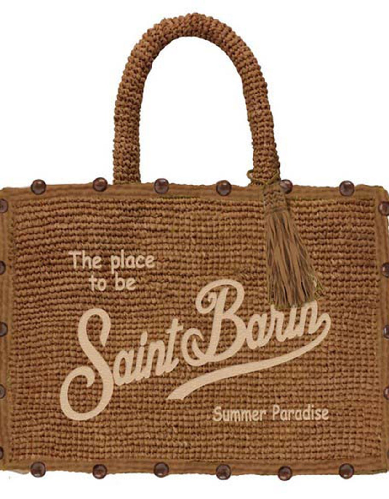 MC2 Saint Barth Colette raffia brown handbag with beads and logo embroidery
