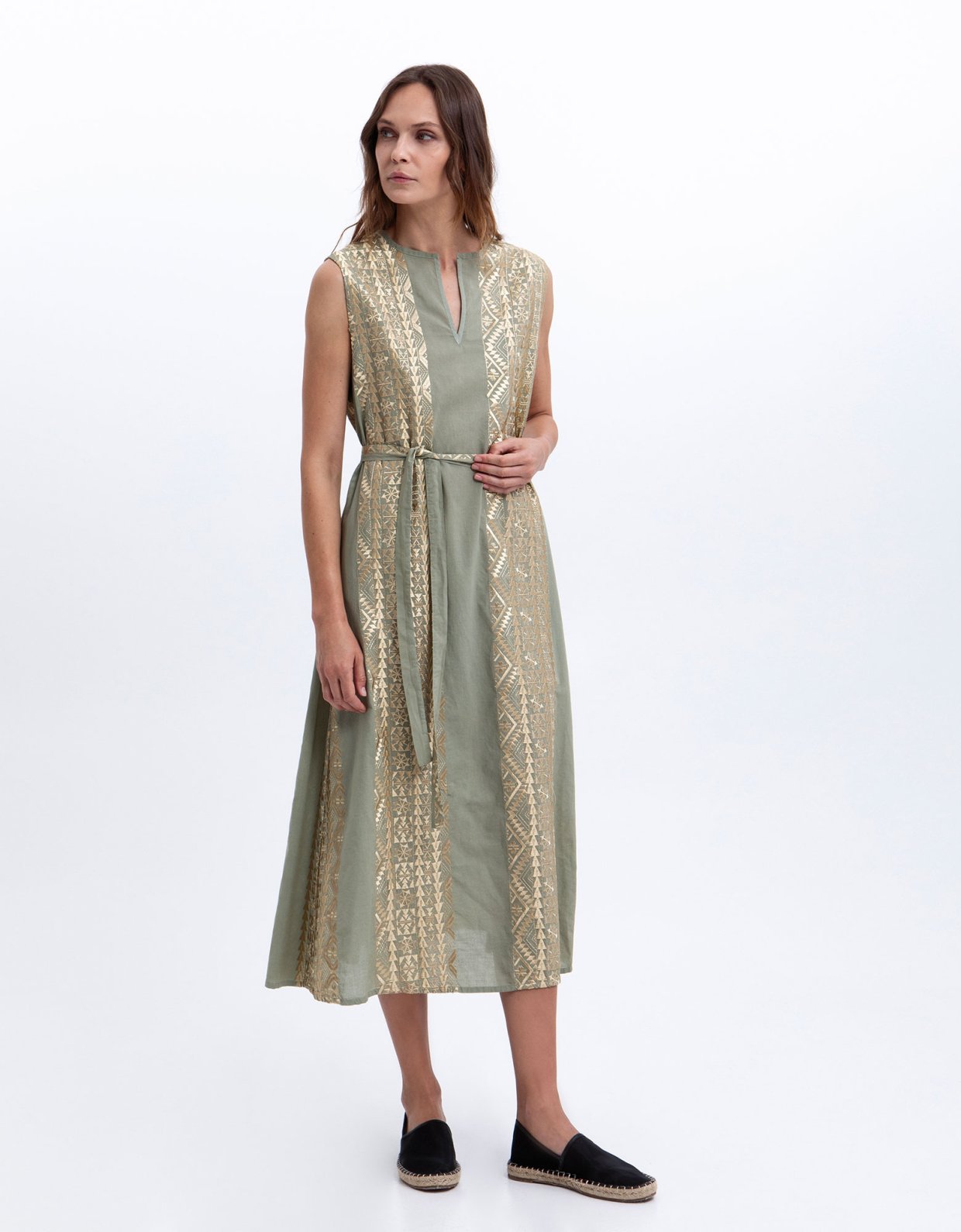 Greek Archaic Kori Classic triangle embroidered sleeveless midi dress sage-gold