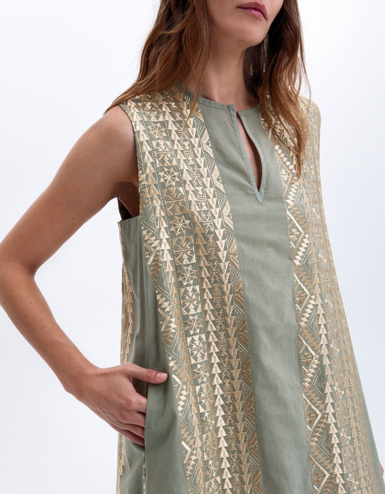 Greek Archaic Kori Classic triangle embroidered sleeveless midi dress sage-gold