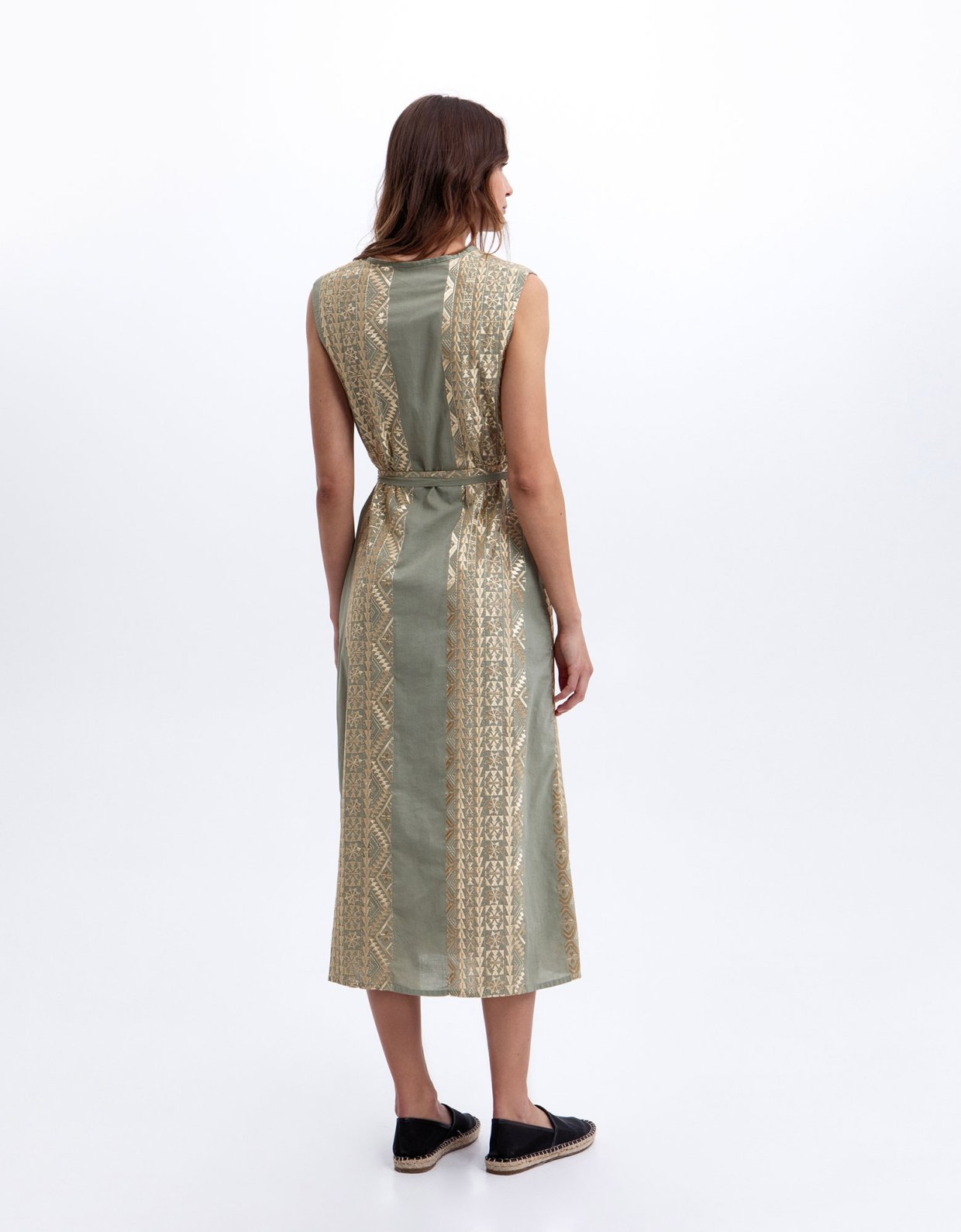 Greek Archaic Kori Classic triangle embroidered sleeveless midi dress sage-gold