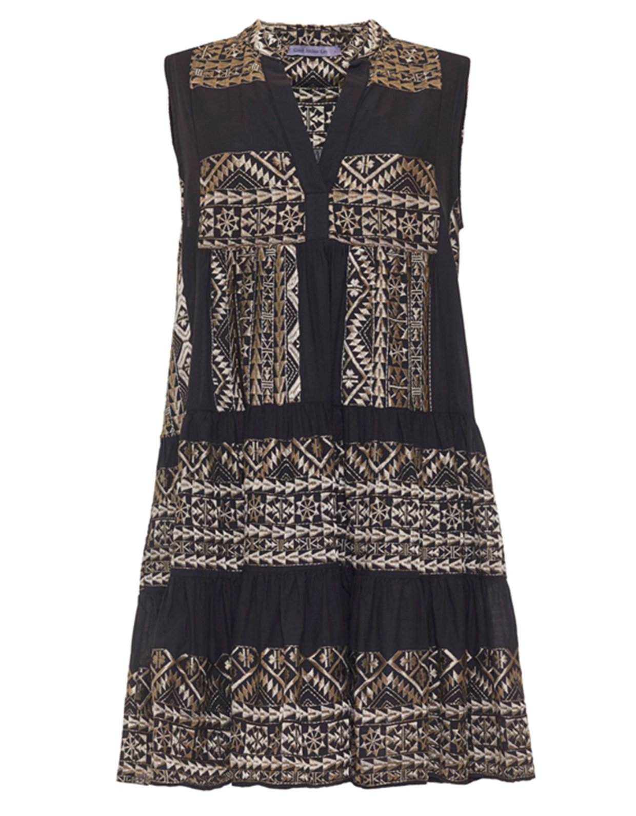 Greek Archaic Kori Classic triangle embroidered sleeveless mini dress black-gold