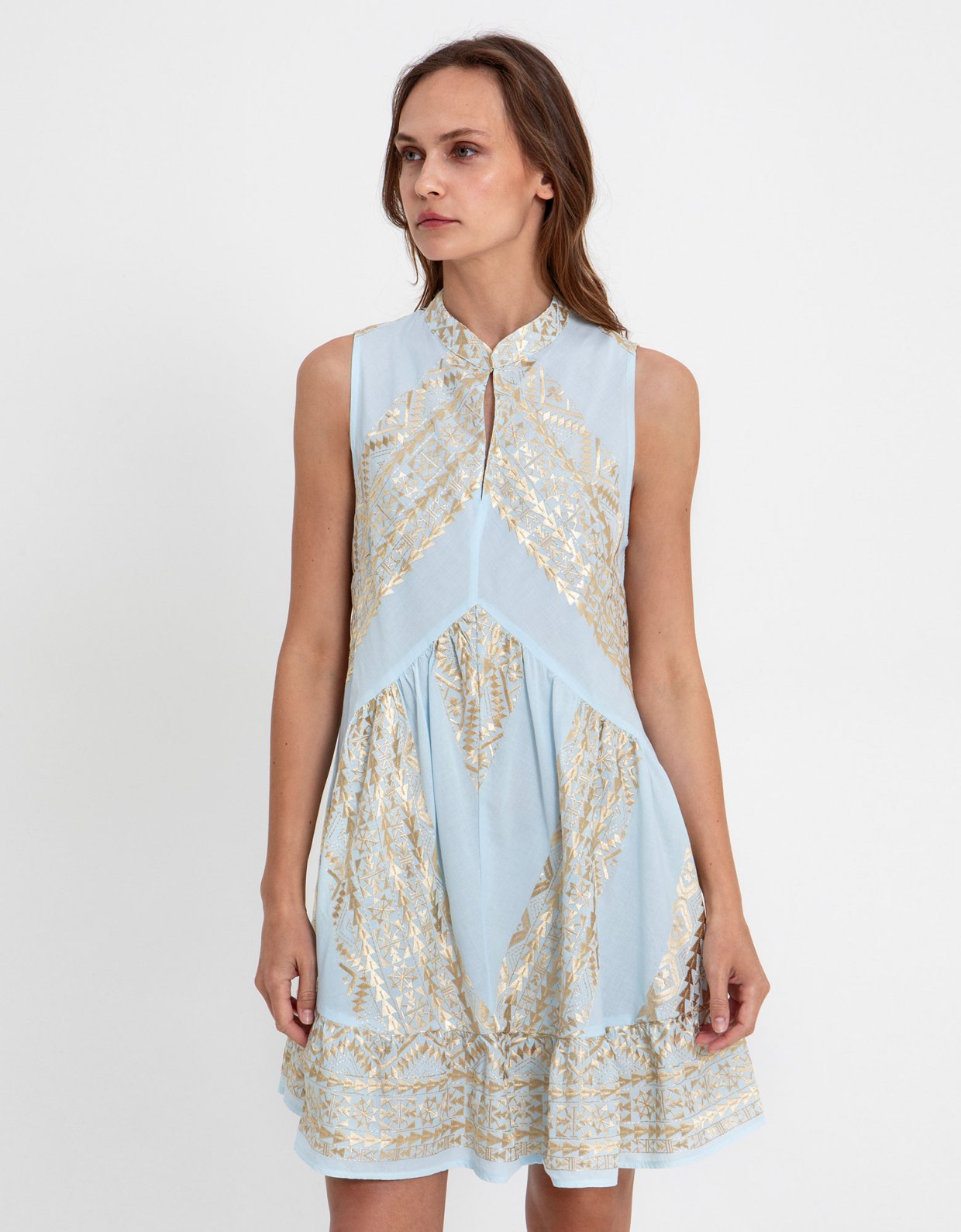 Greek Archaic Kori Classic triangle sleeveless ruffled mini dress ciel-gold