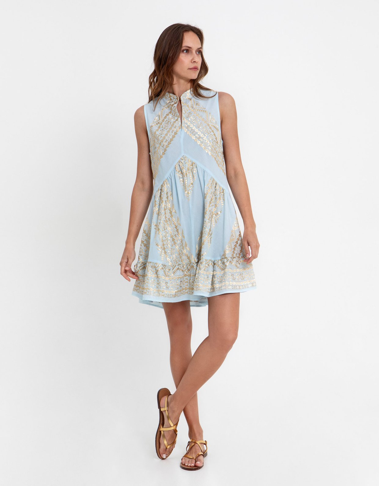 Greek Archaic Kori Classic triangle sleeveless ruffled mini dress ciel-gold