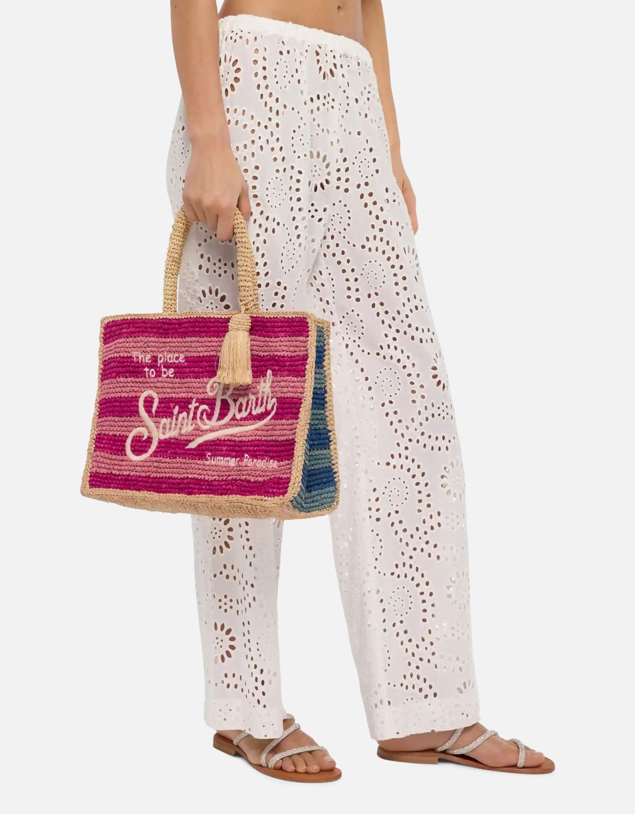 MC2 Saint Barth Colette raffia multicolor striped handbag with logo embroidery