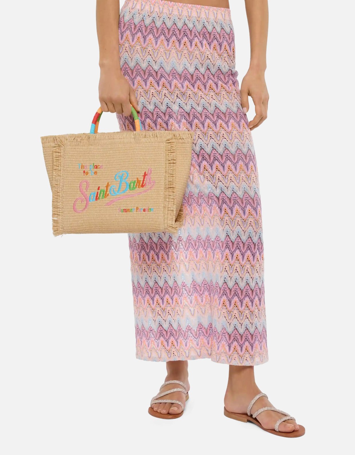 MC2 Saint Barth Colette straw effect handbag with multicolor logo embroidery
