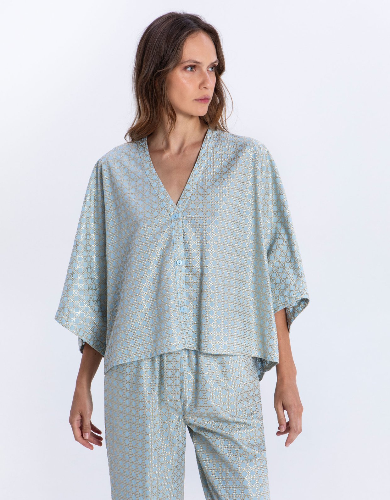 Greek Archaic Kori Cross embroidered tunic ciel-gold