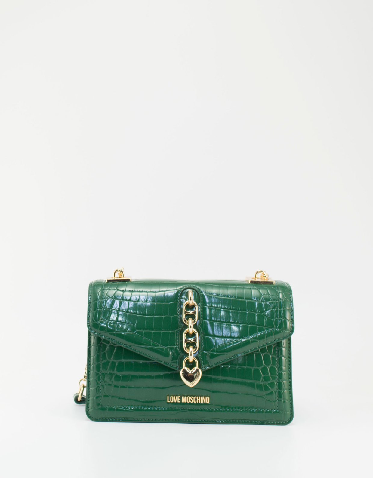 Love Moschino Croco vinyl shoulder bag chain heart verde