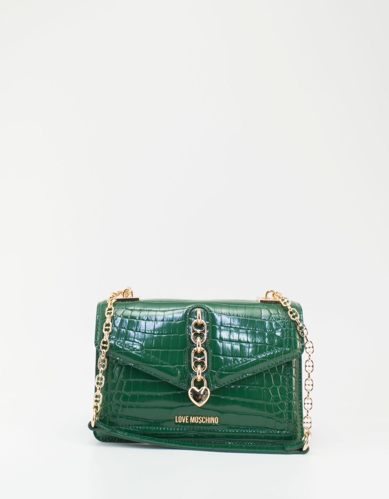 Love Moschino Croco vinyl shoulder bag chain heart verde