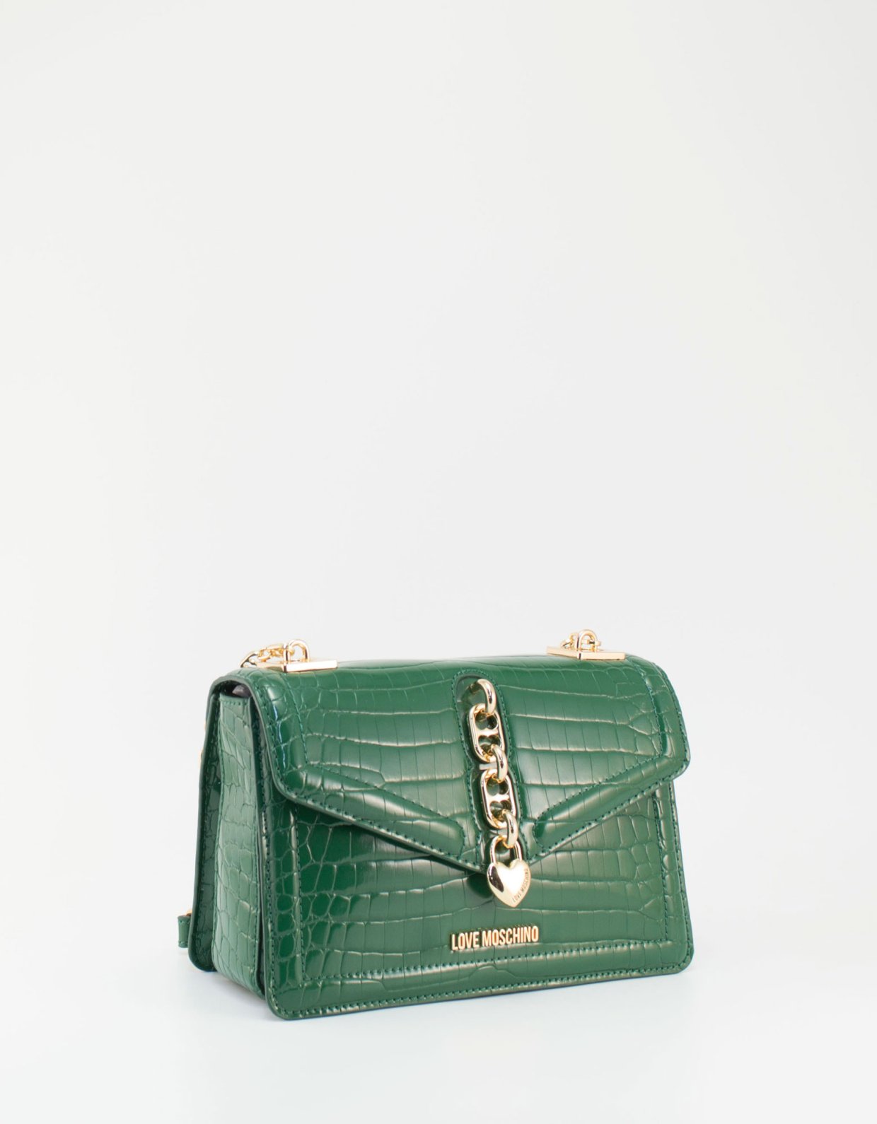 Love Moschino Croco vinyl shoulder bag chain heart verde