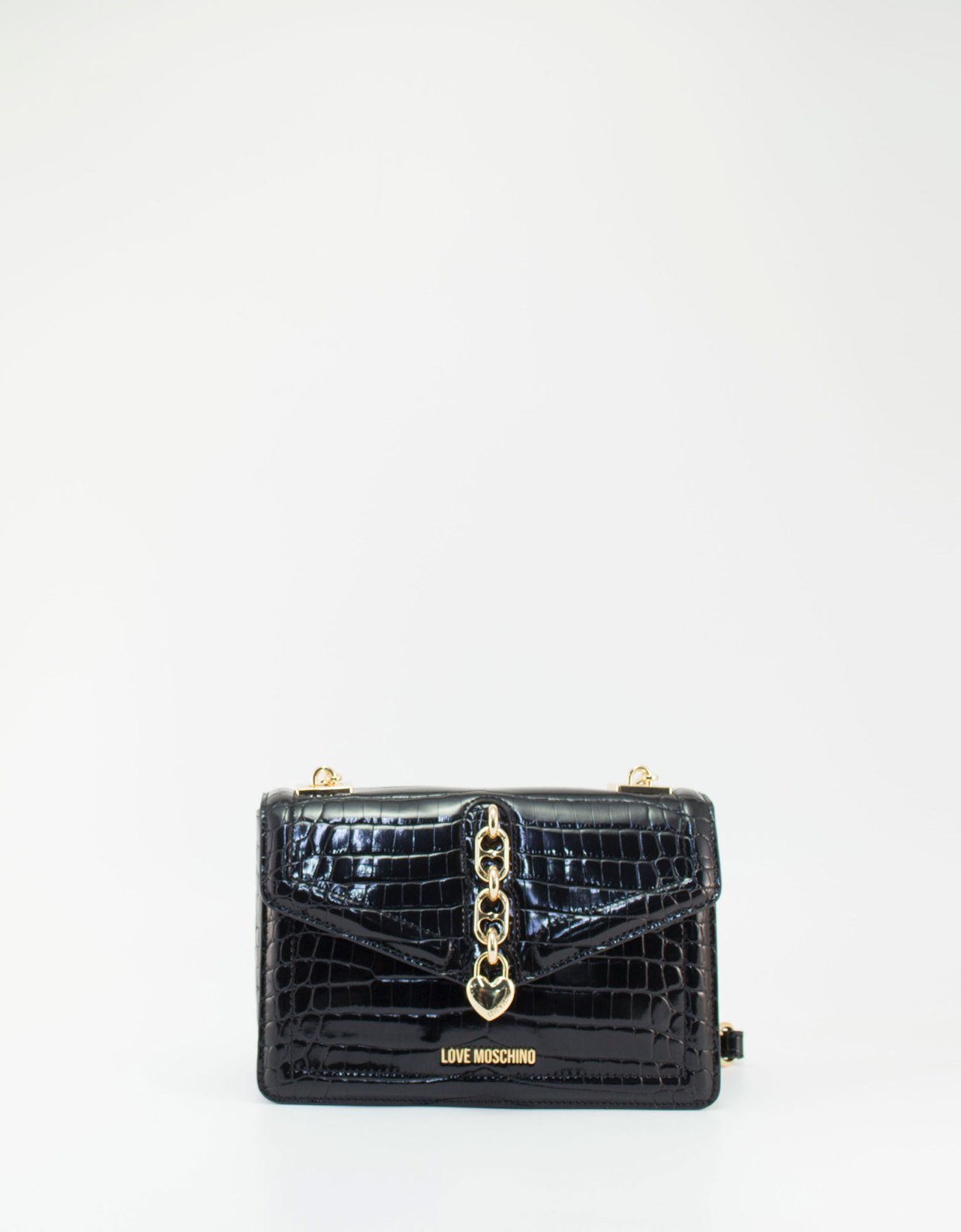 Love Moschino Croco vinyl shoulder bag chain heart black