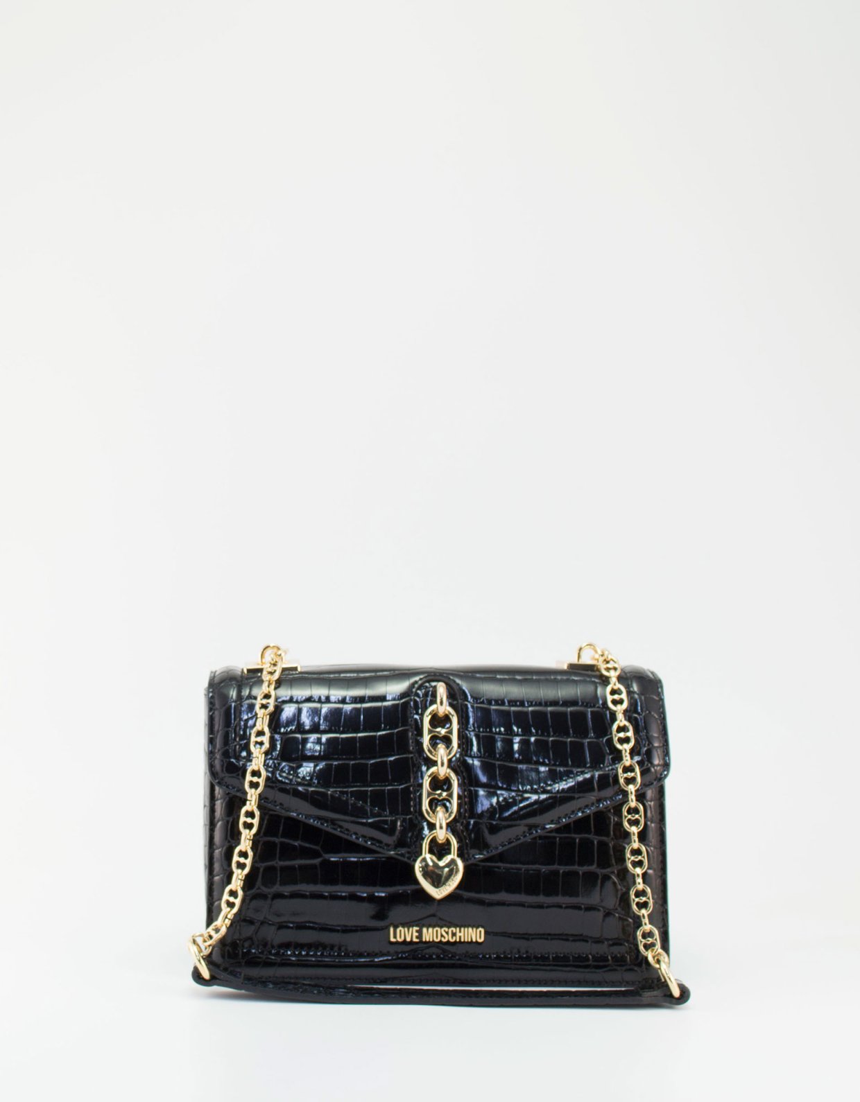 Love Moschino Croco vinyl shoulder bag chain heart black