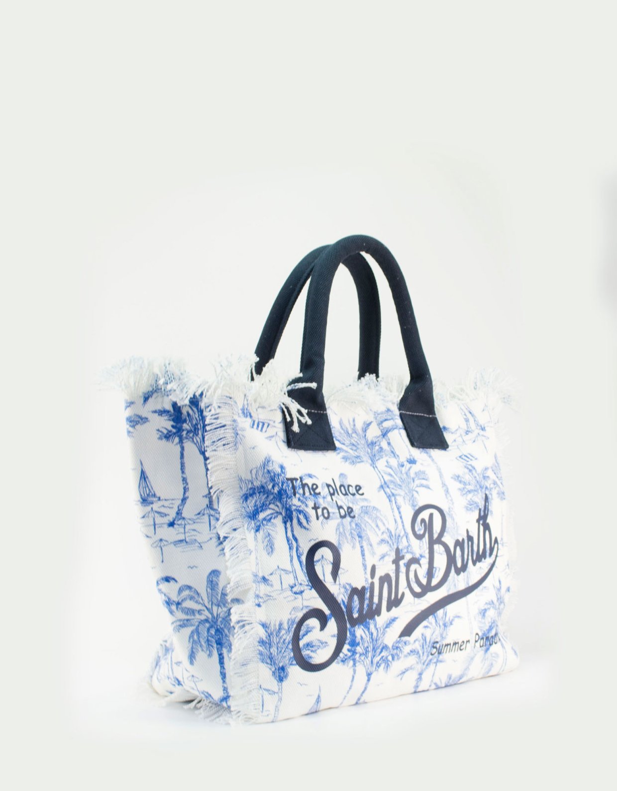 MC2 Saint Barth Blue cotton canvas vanity tote bag with toile de jouy print