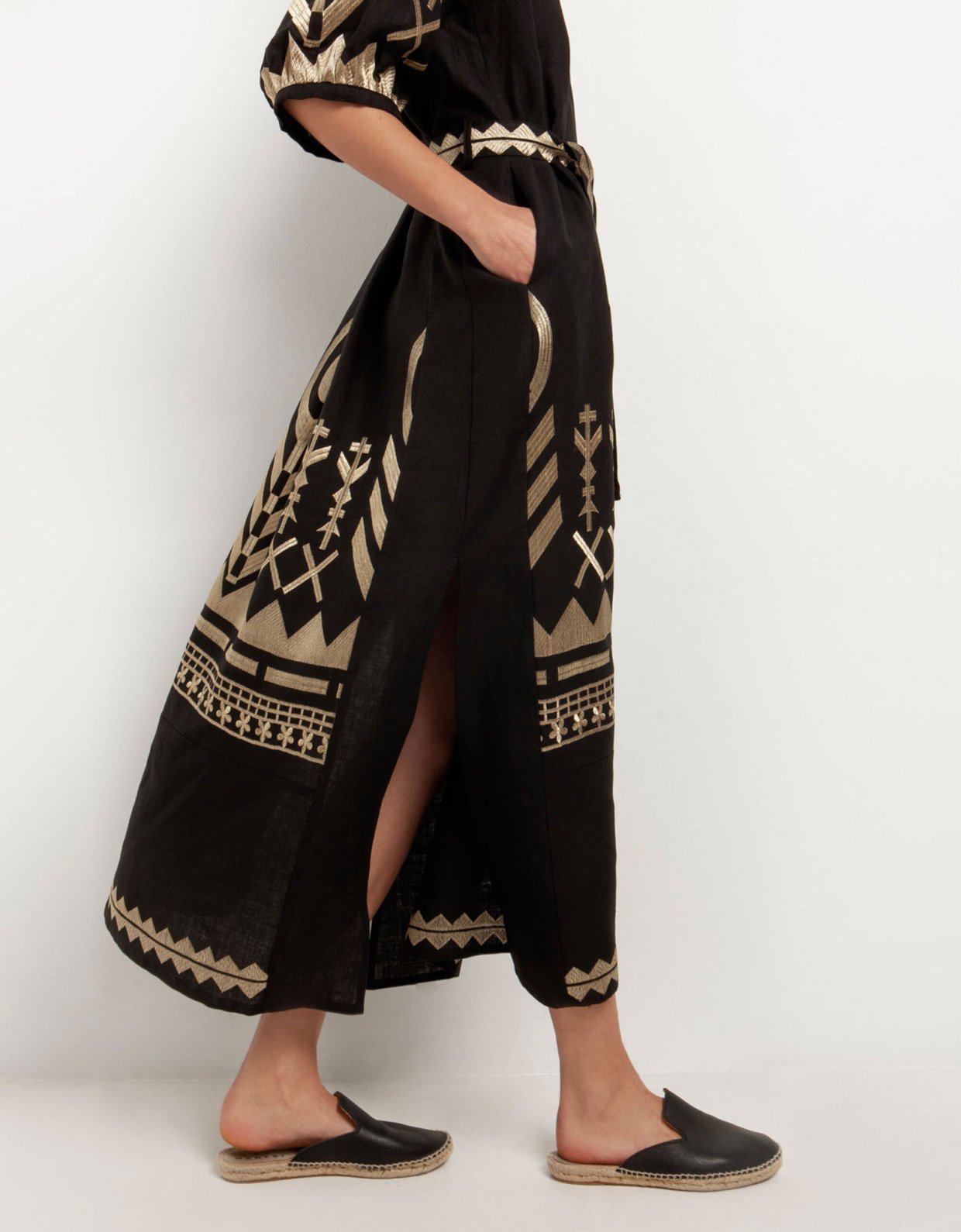 Greek Archaic Kori Feather belt long dress black-gold