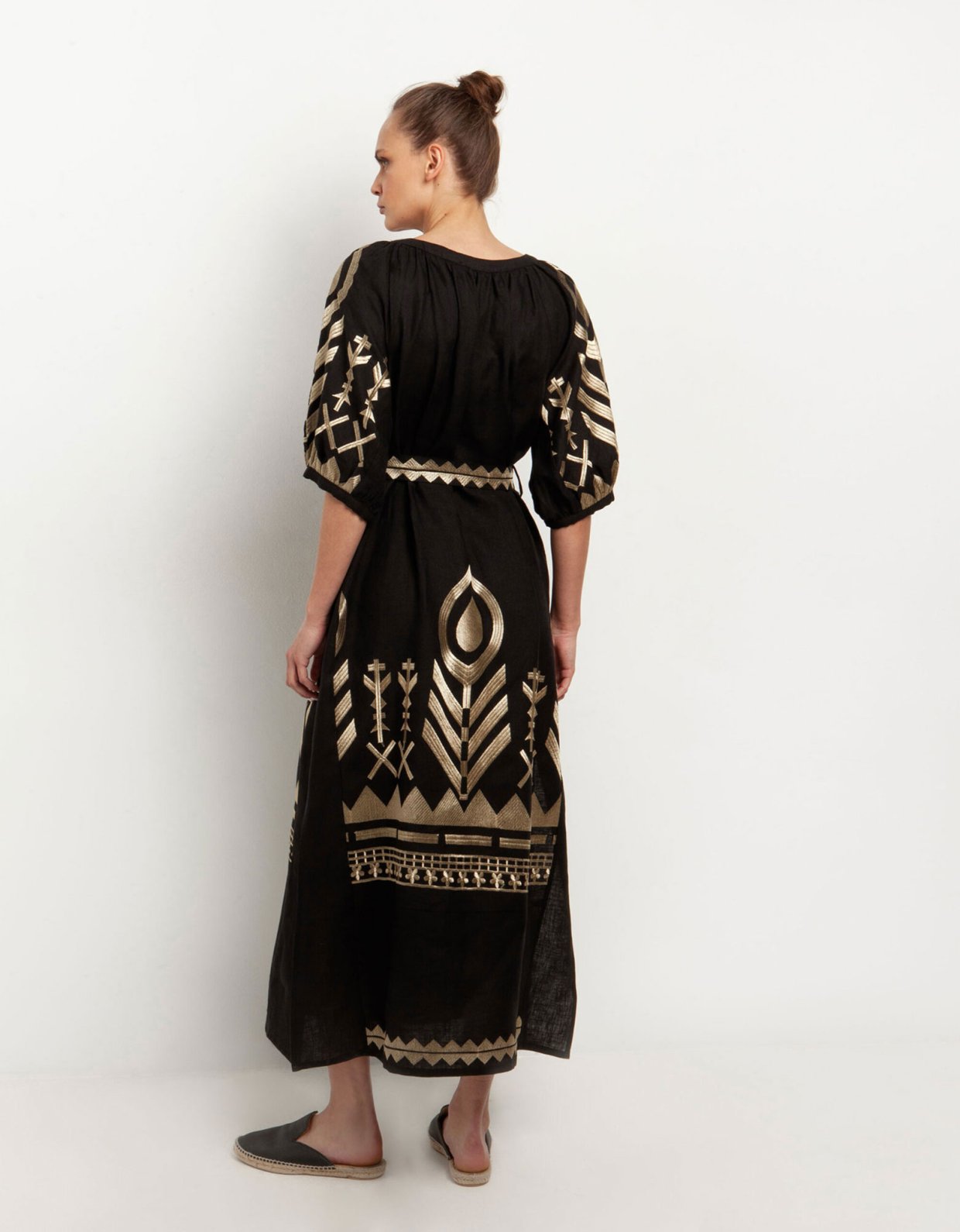Greek Archaic Kori Feather belt long dress black-gold