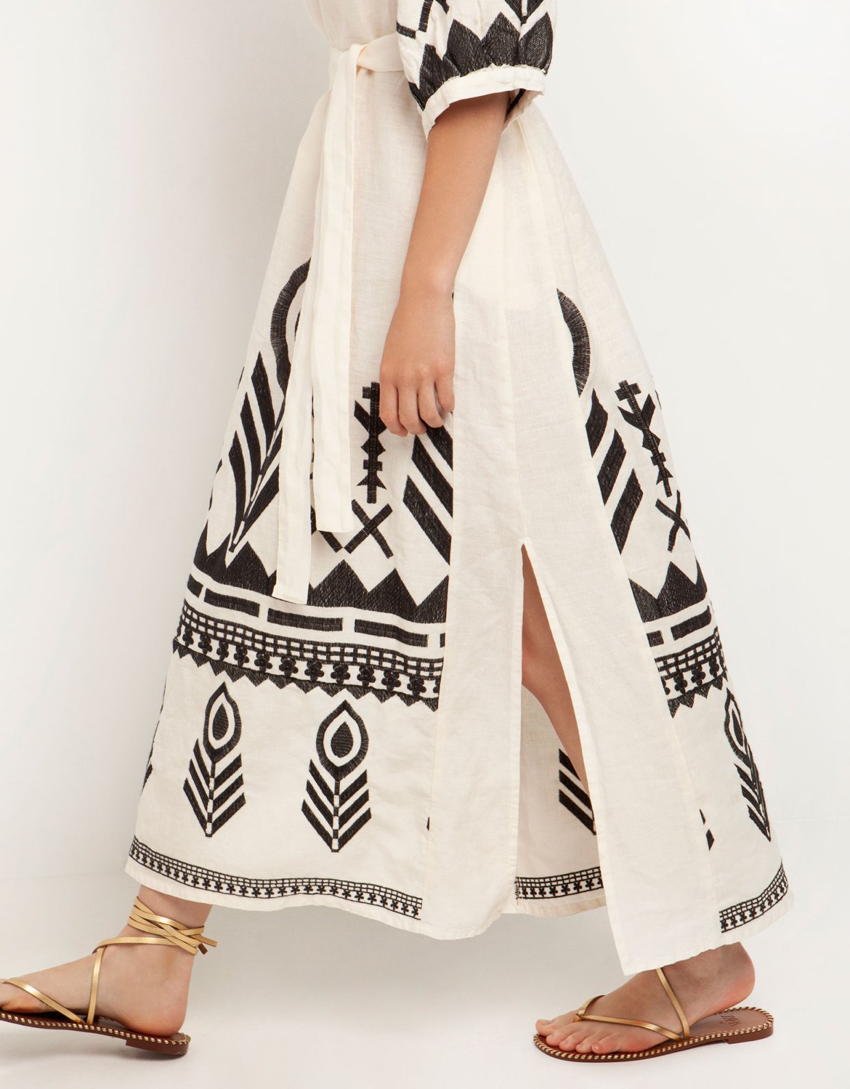 Greek Archaic Kori Feather belt long dress natural-black