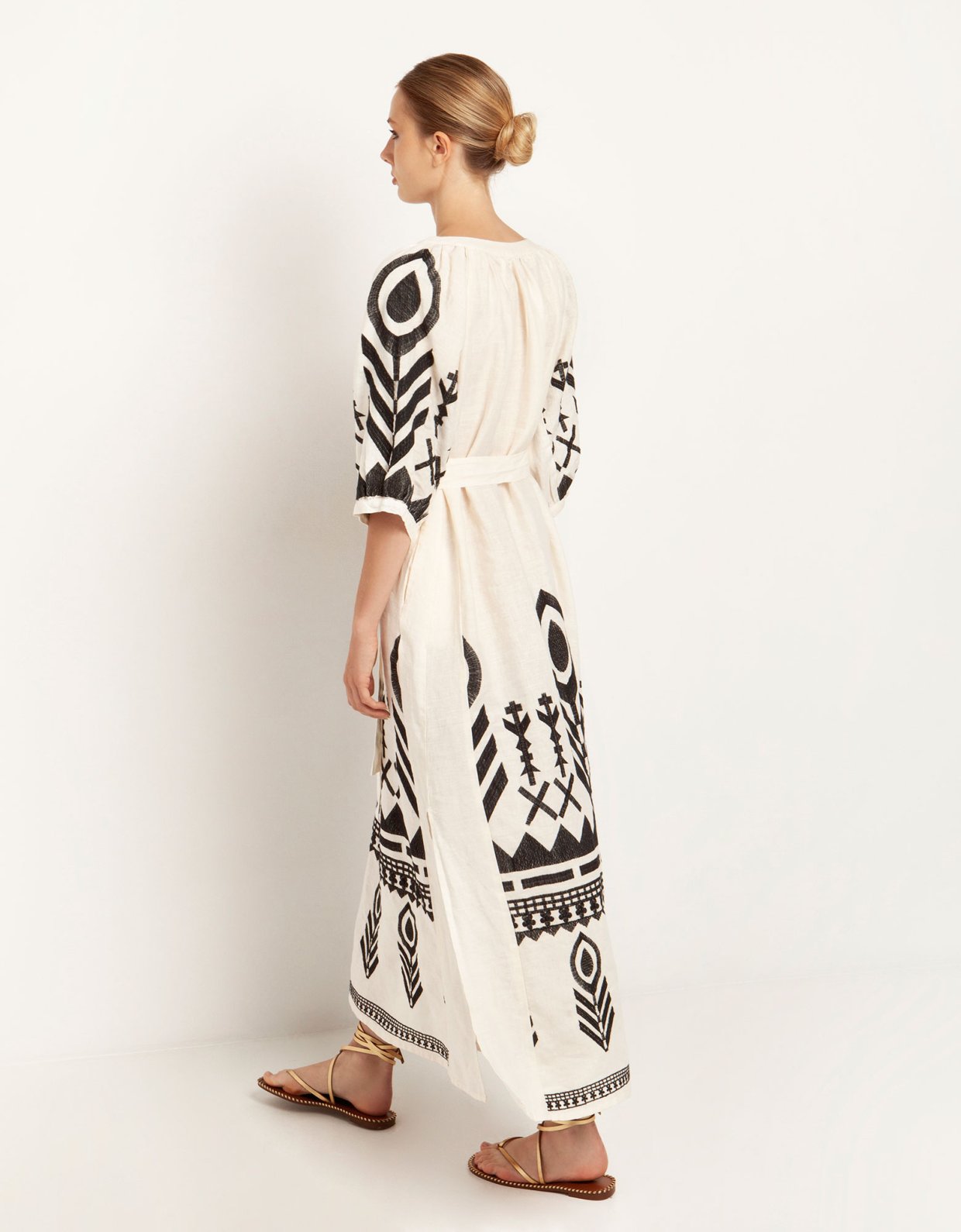 Greek Archaic Kori Feather belt long dress natural-black